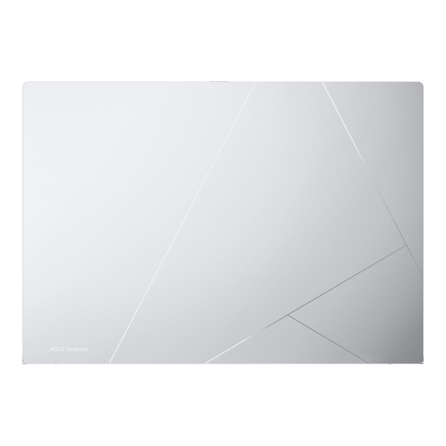 Tapa de portátil plateada con líneas geométricas y logotipo ASUS Zenbook.