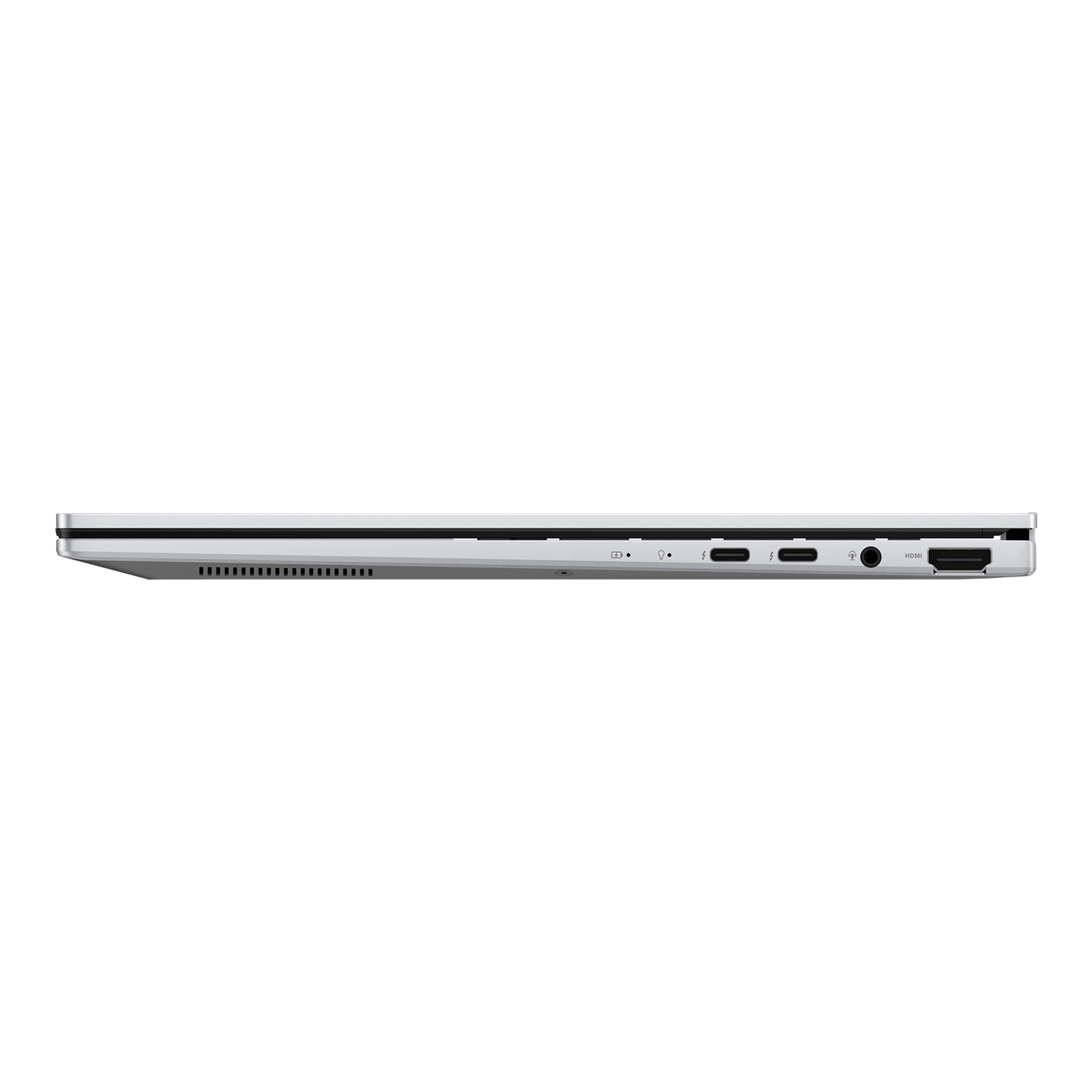 Vista lateral de un portátil plateado con varios puertos, incluidos USB-C, conector de audio y HDMI.