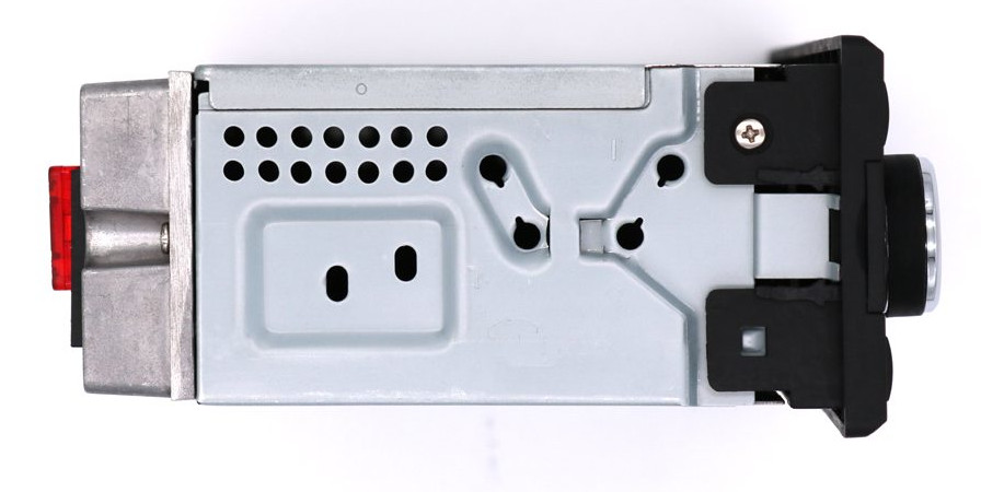 Widok z boku prostokątnego urządzenia elektronicznego z metalową obudową i otworami wentylacyjnymi.