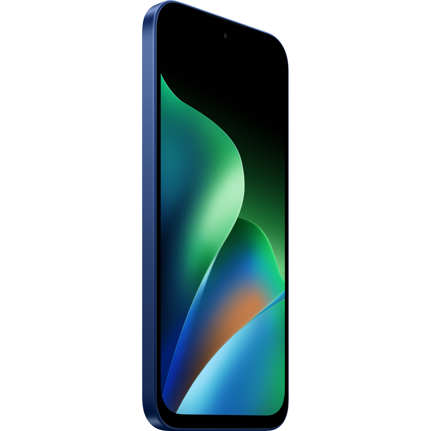 Een blauwe smartphone met een gebogen scherm toont een groen-blauwe abstracte achtergrond tegen een zwarte achtergrond.