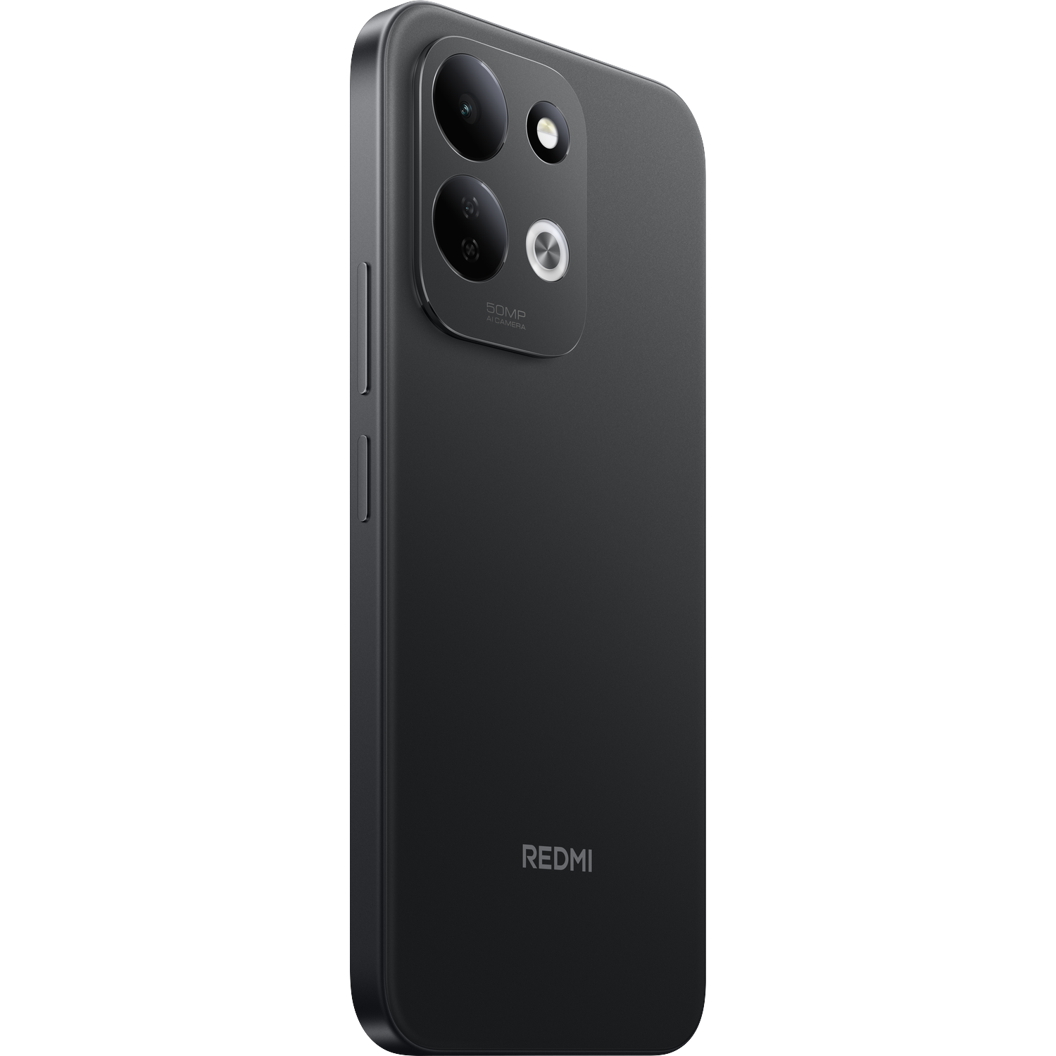 Achterkant van een zwarte Redmi-smartphone met dubbele camera en Redmi-logo op een zwarte achtergrond.