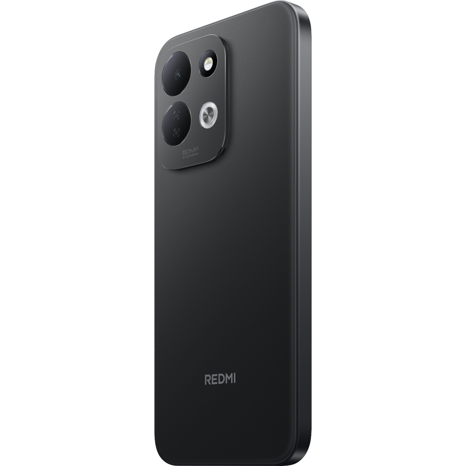 Een zwarte Redmi-smartphone tegen een zwarte achtergrond met dubbele camera en logo.