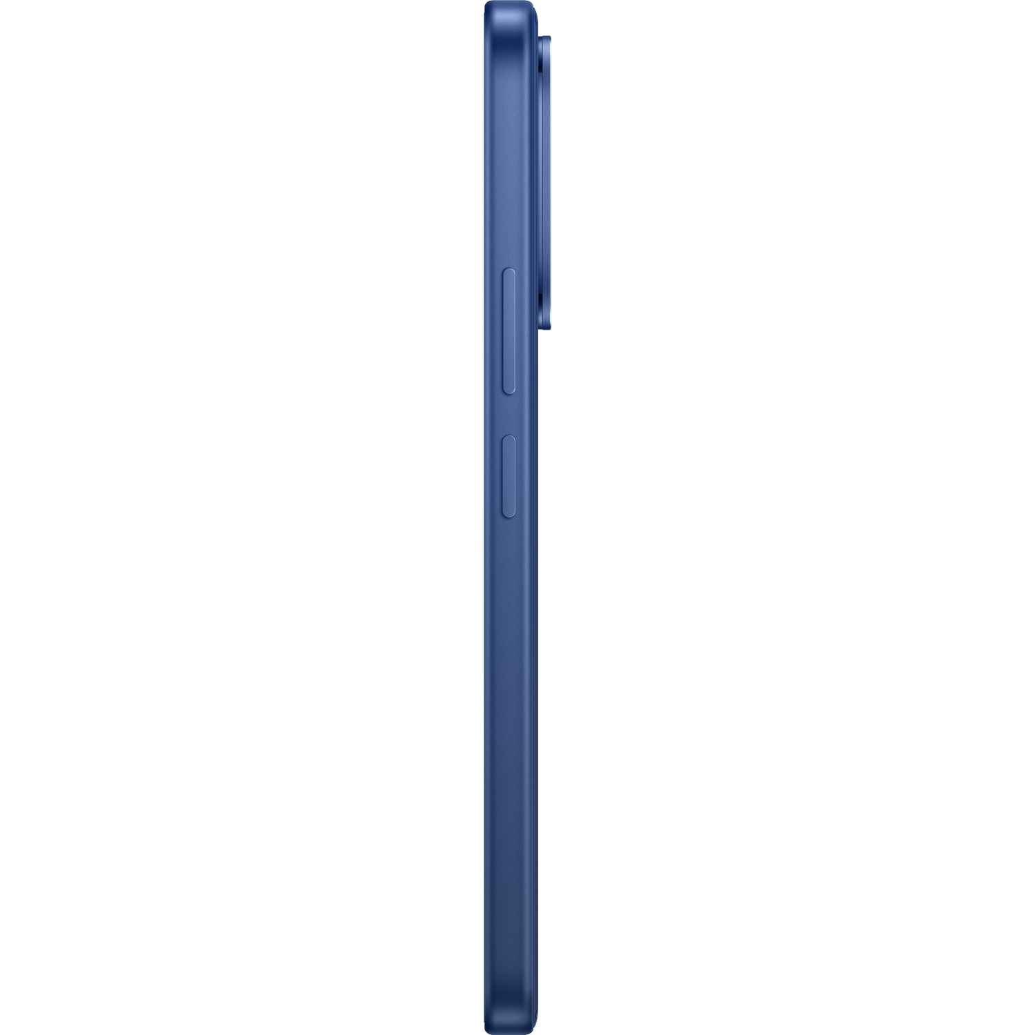 Zijaanzicht van een blauwe smartphone met volumeknoppen en powerknop tegen een zwarte achtergrond.