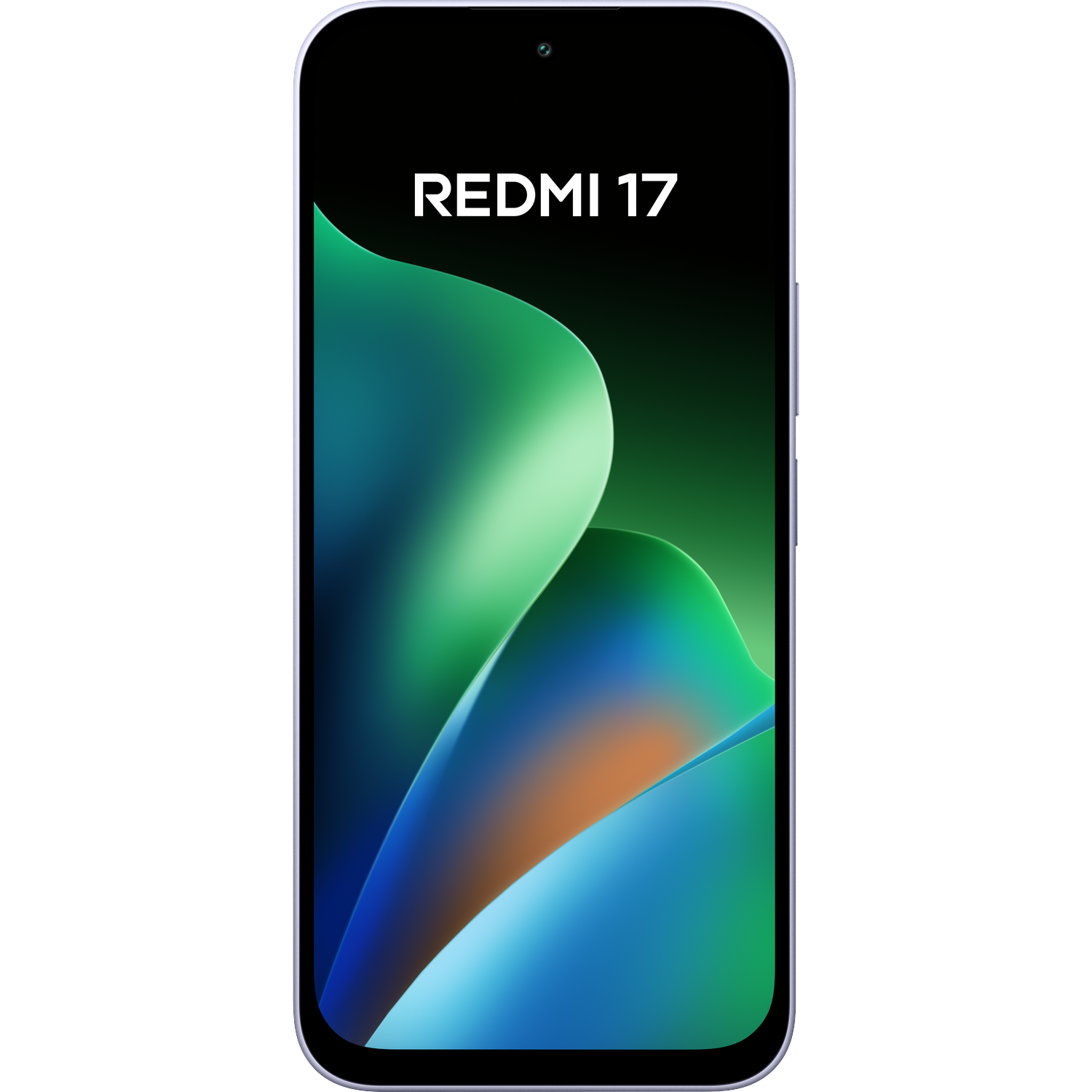 De Redmi 17 smartphone toont een gebogen, groen en blauw abstract achtergrond op het scherm.