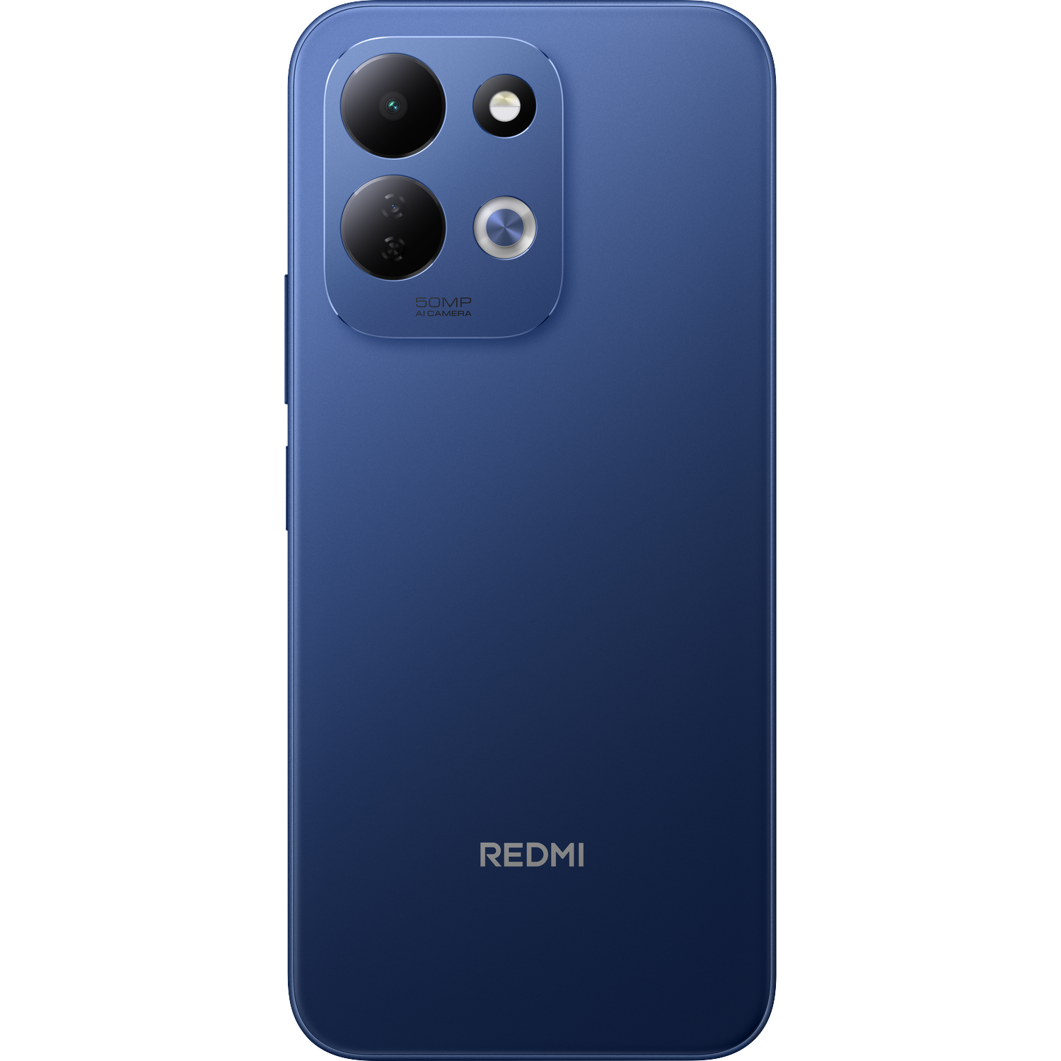 De achterkant van een blauwe smartphone met een vierkante dual-cameramodule en het Redmi-logo.