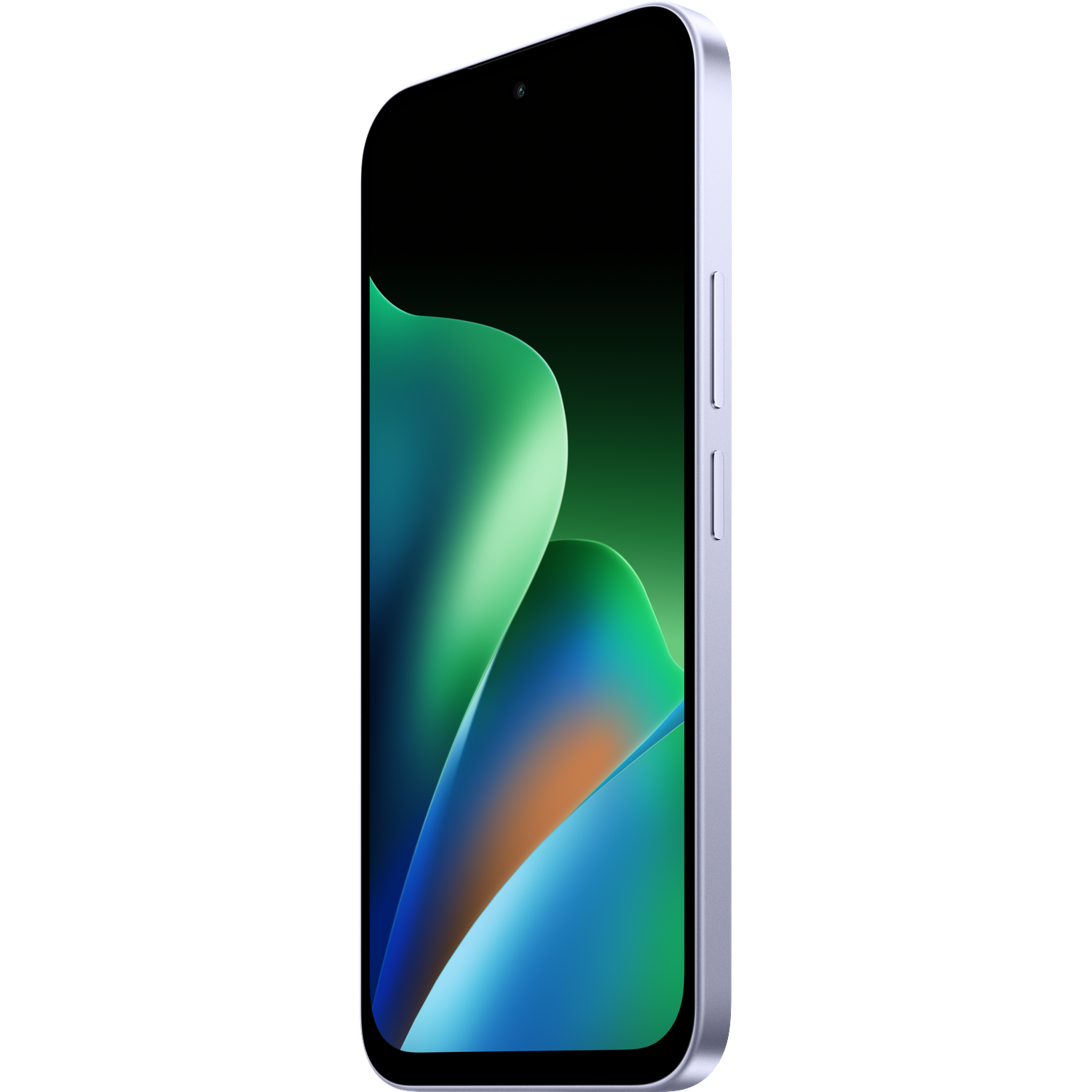 Een smartphone in portretweergave met een levendige, gekromde groen-blauwe abstracte achtergrond op het scherm.