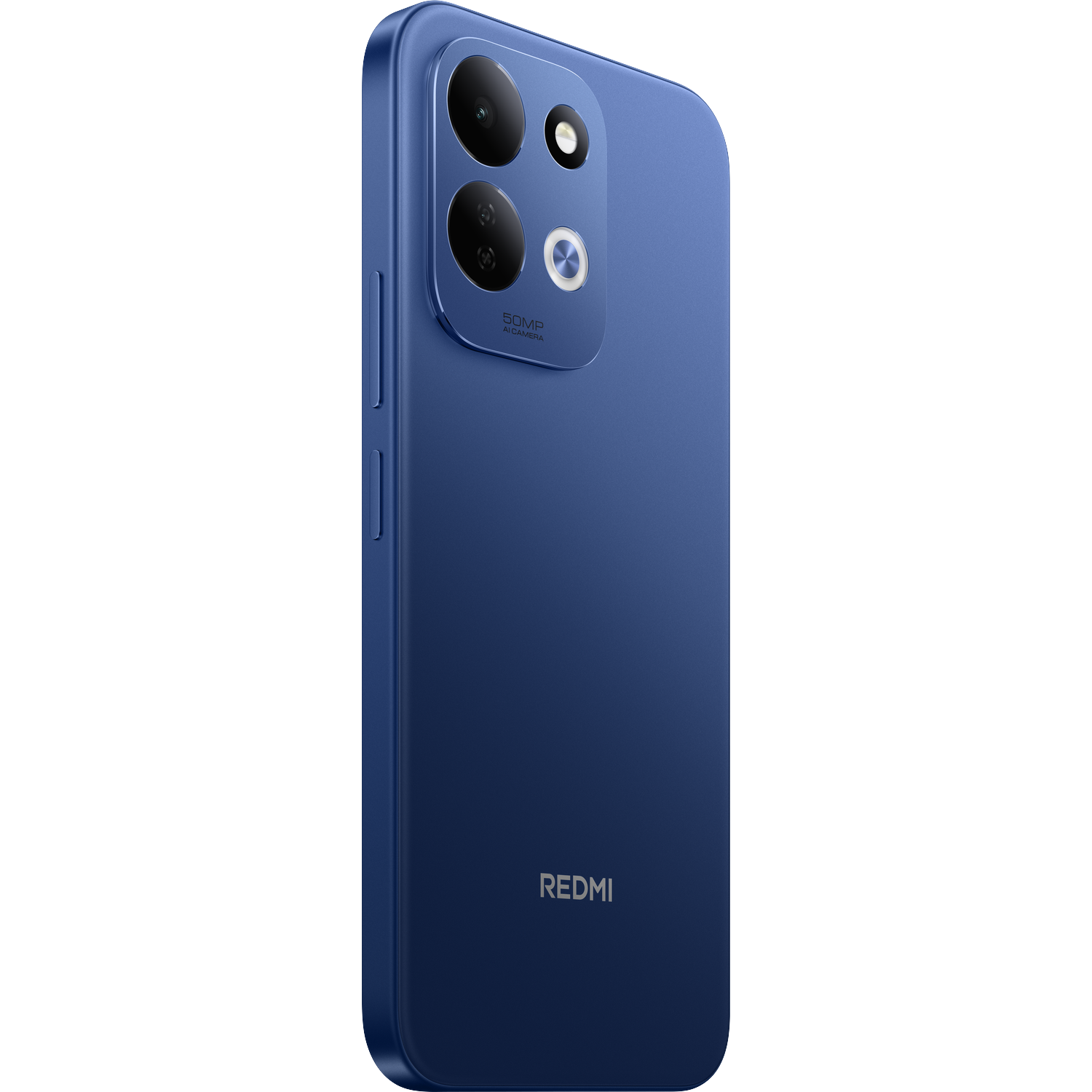 Blauwe achterkant van een Redmi-smartphone met dubbele camera en led-flitser op een zwarte achtergrond.