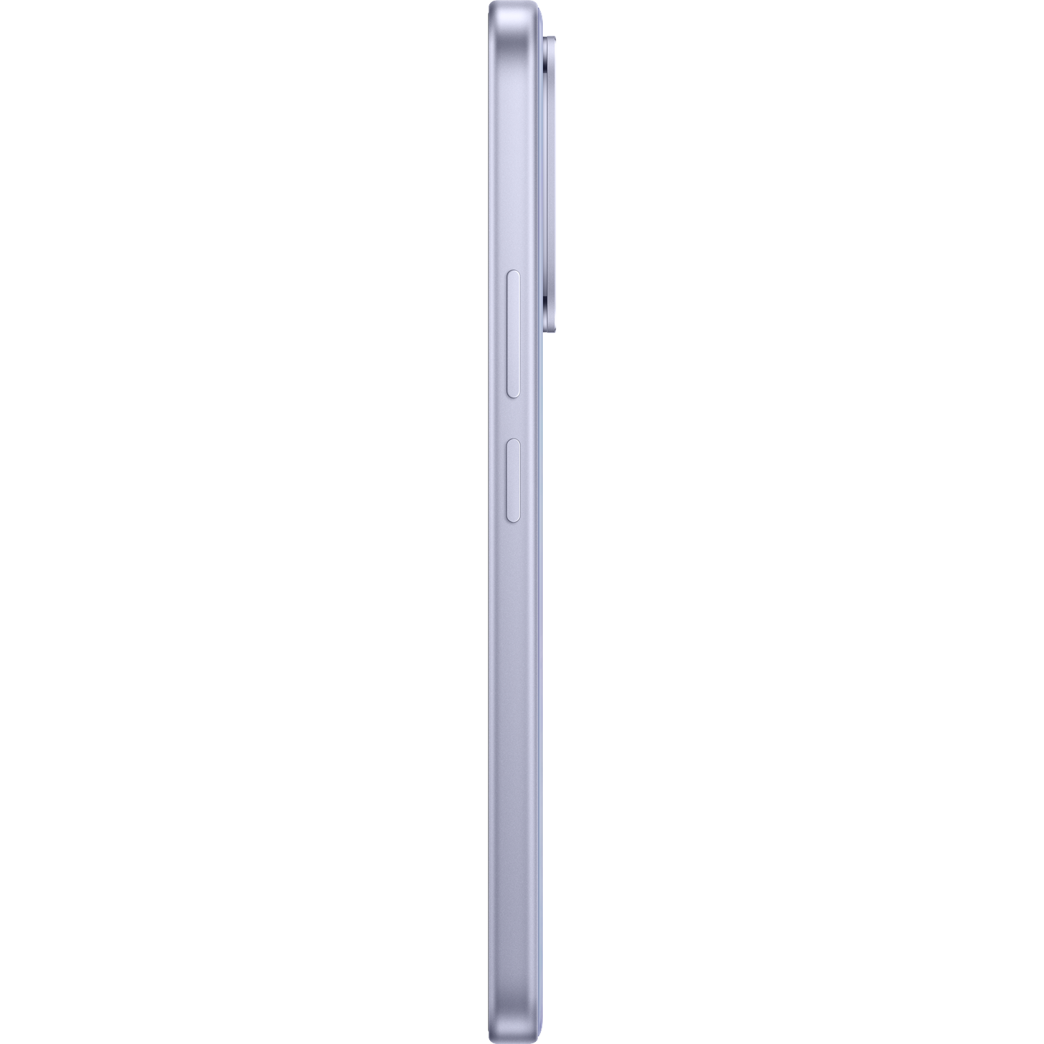 Zijaanzicht van een zilveren smartphone met cameramodule en fysieke knoppen tegen een zwarte achtergrond.