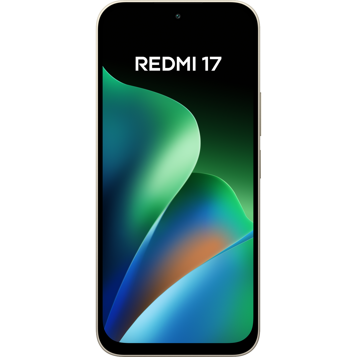 Redmi 17-smartphone met een groen en blauw abstract wallpaper op een zwarte achtergrond.