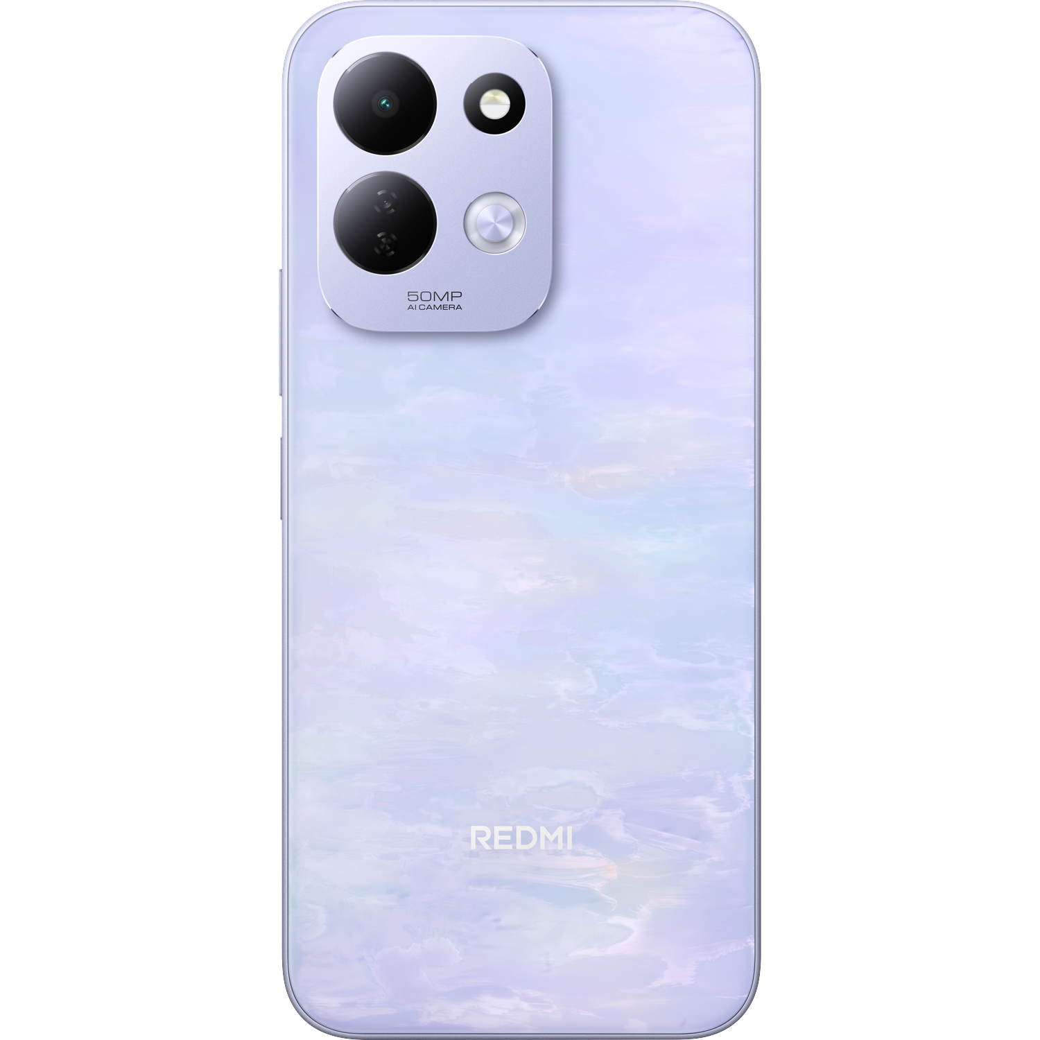 Achterkant van een lichtpaarse Redmi-smartphone met marmerpatroon en vierkante cameramodule.