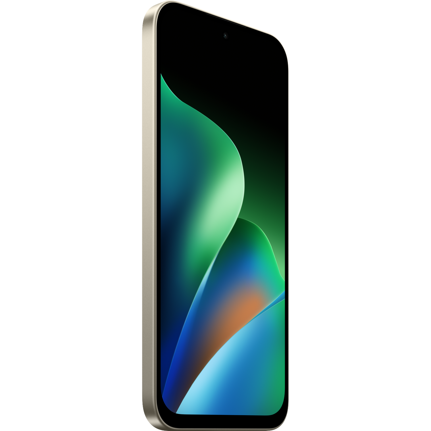 Een goudkleurige smartphone met een levendige groene en blauwe abstracte achtergrond.