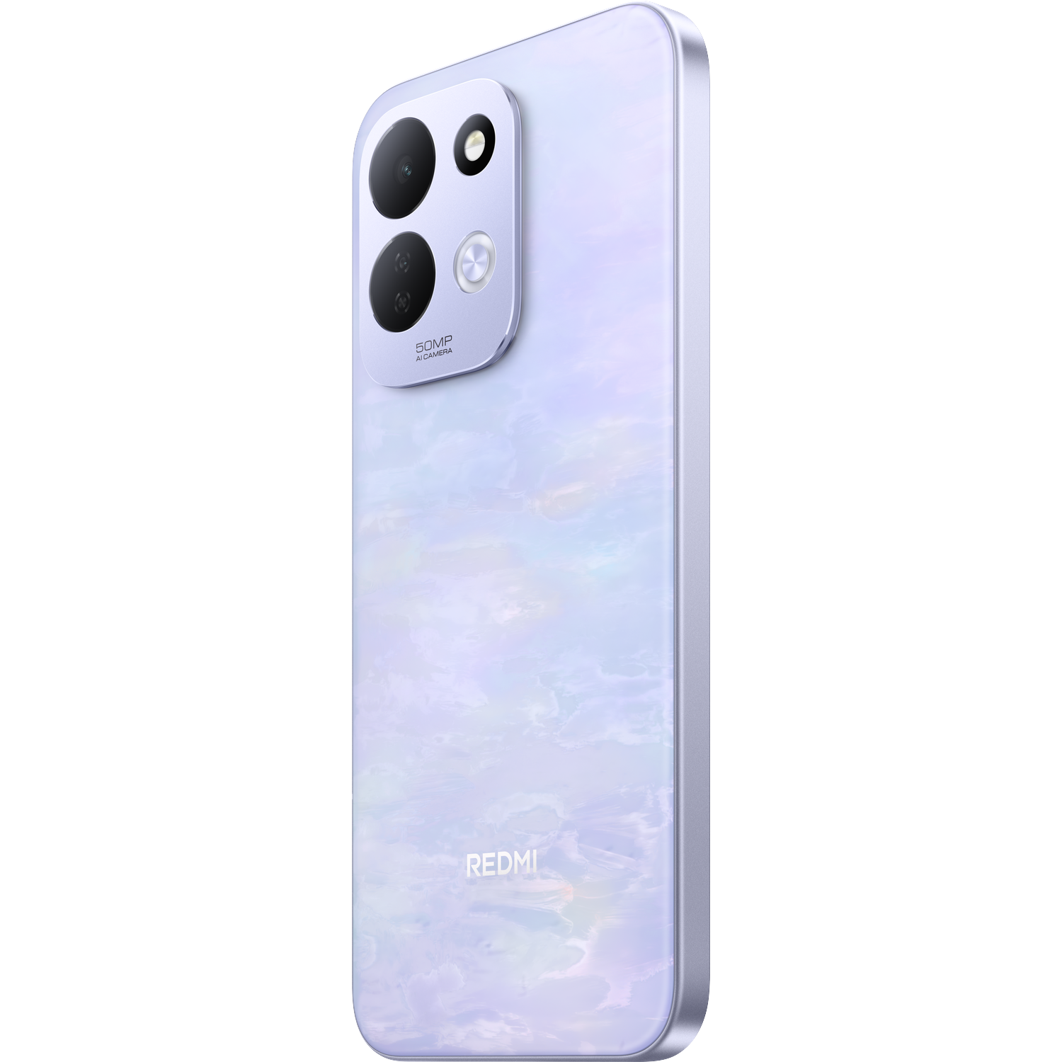 Achteraanzicht van een lavendelkleurige Redmi-smartphone met marmerpatroon en vierkante cameramodule op zwarte achtergrond.