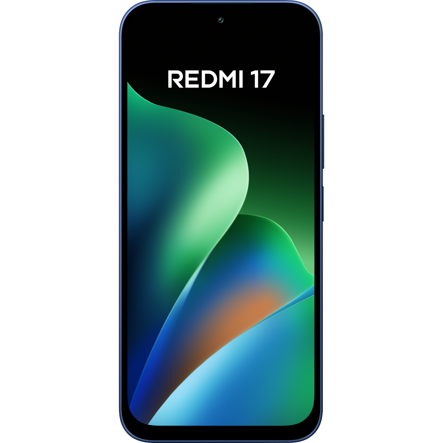 Vooraanzicht van de Redmi 17 smartphone met een groen en blauw scherm.