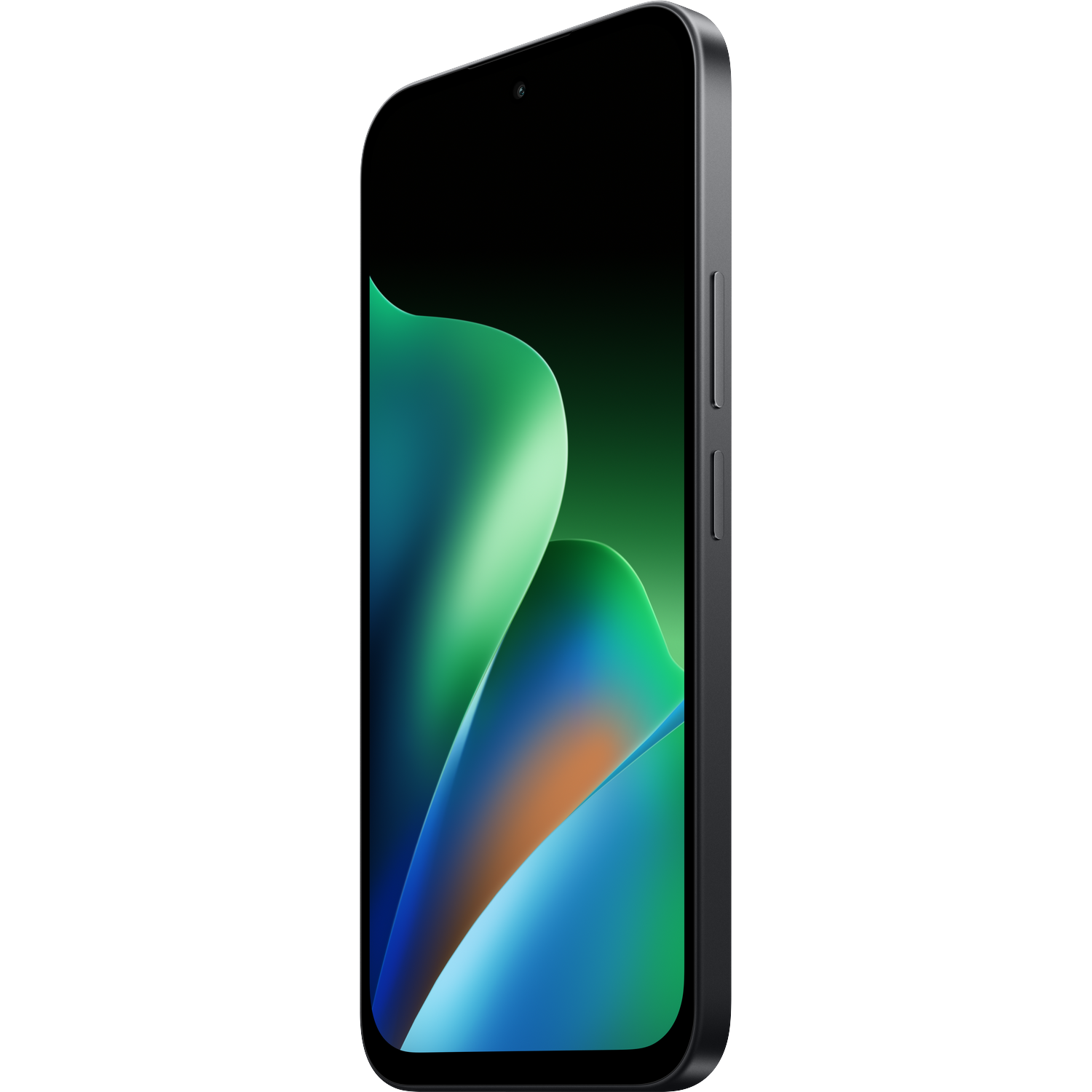Een smartphone met een zwarte behuizing en een kleurrijke, abstracte groen-blauwe achtergrond op het scherm.