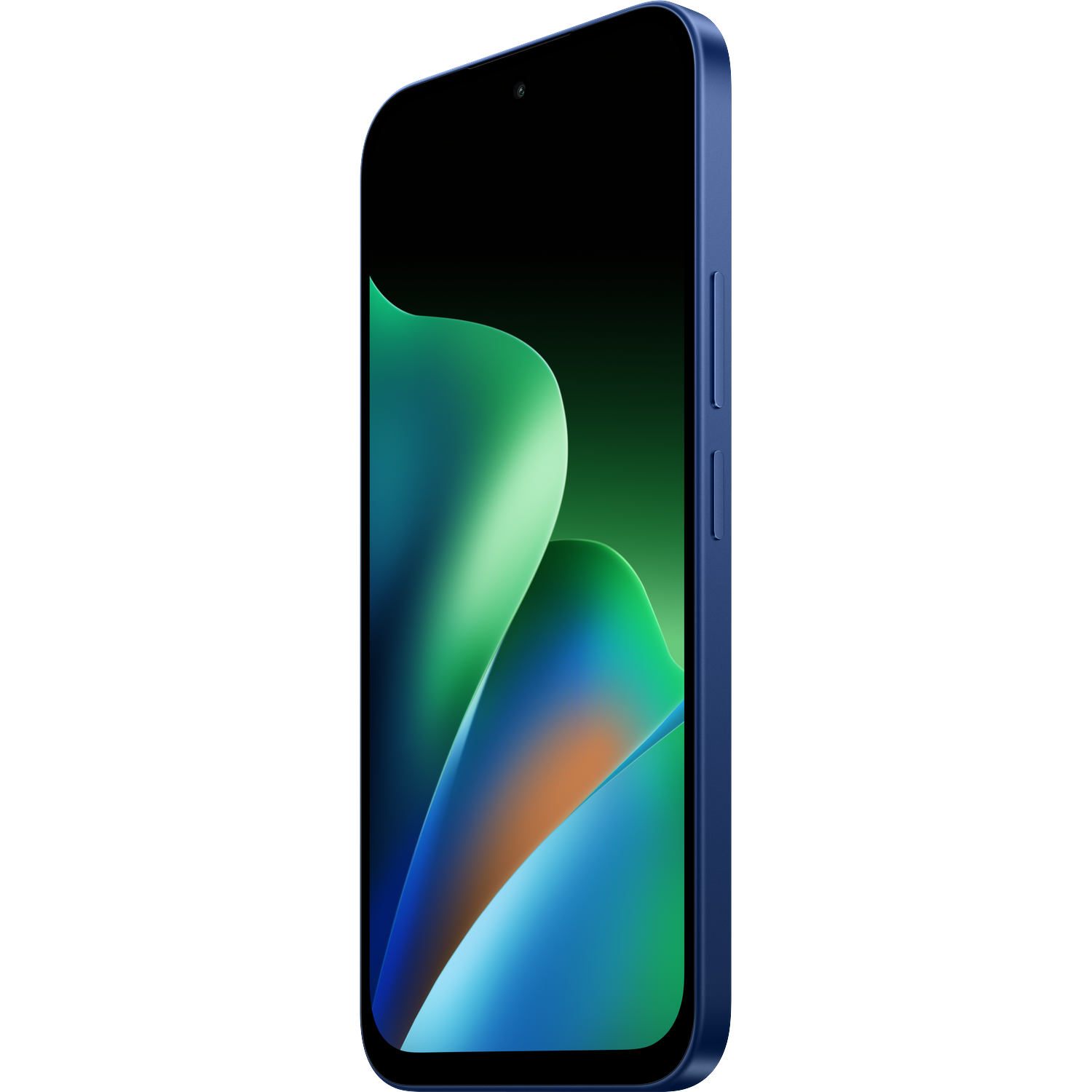 Donkere smartphone met blauw frame toont een kleurrijk, abstract scherm tegen zwarte achtergrond.