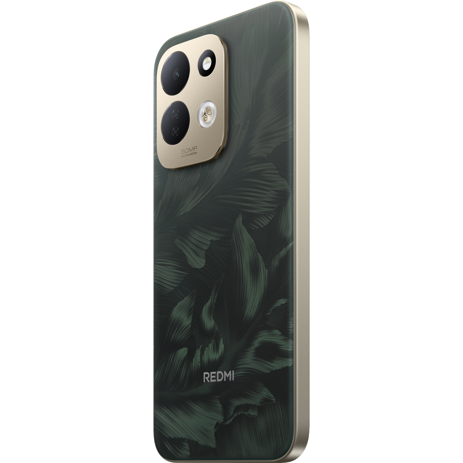 Achteraanzicht van een groene Redmi-smartphone met bladpatroon en gouden cameramodule op een zwarte achtergrond.