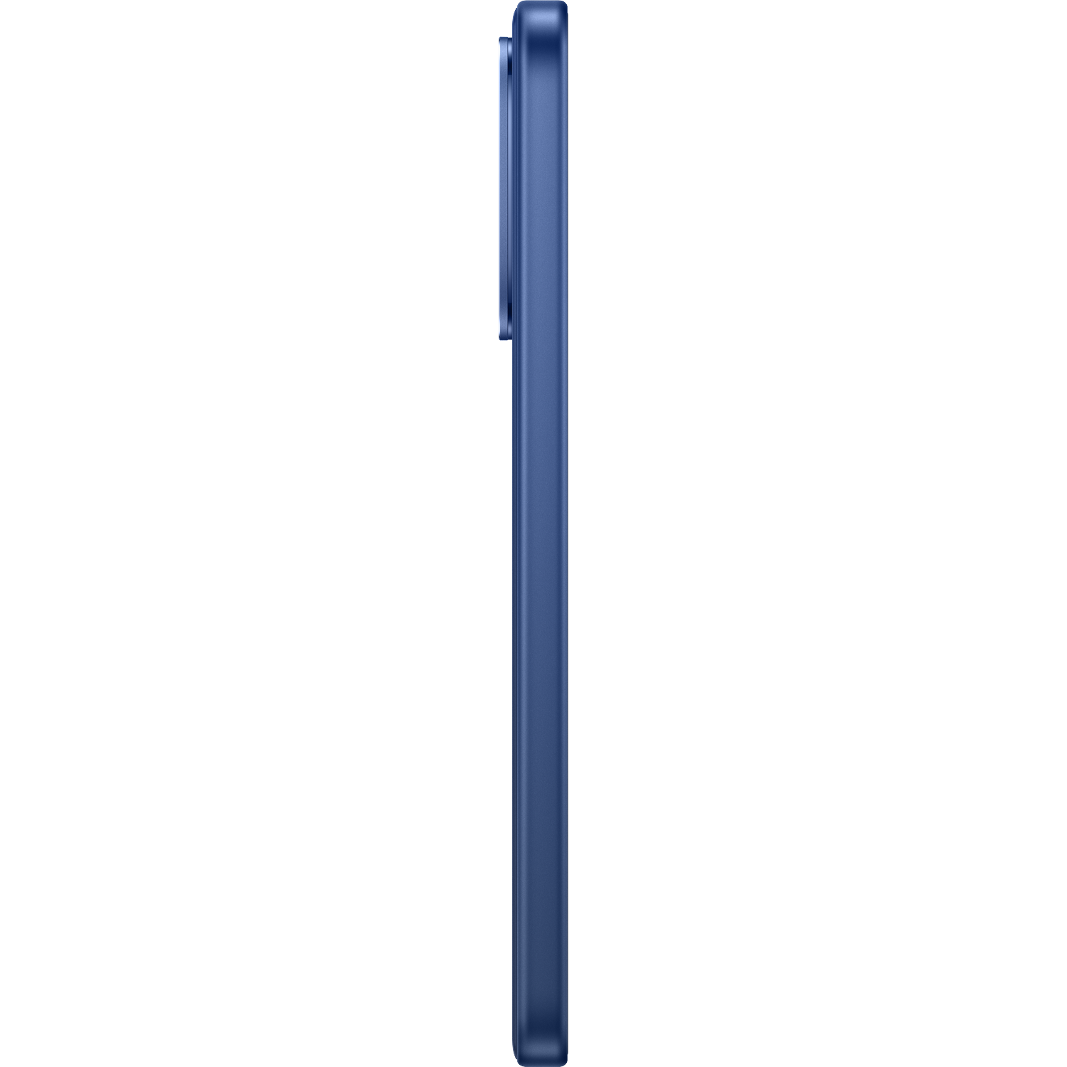 Een verticale weergave van het zijprofiel van een blauwe smartphone tegen een zwarte achtergrond.
