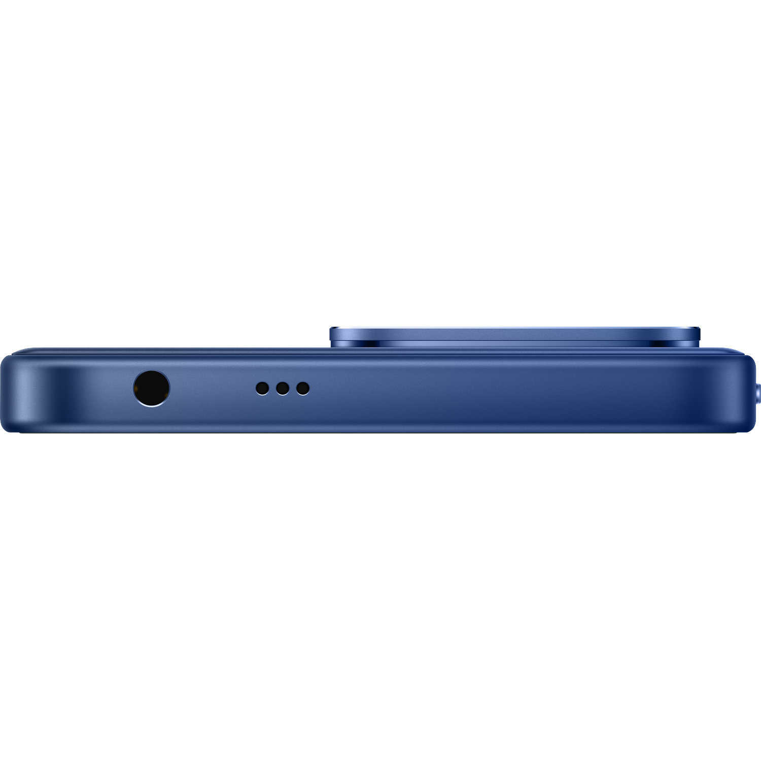 Onderkant van een blauwe smartphone met koptelefoonaansluiting, luidspreker en cameramodule.