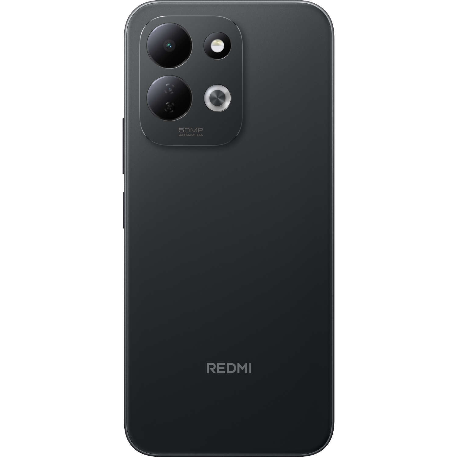 Achterkant van een zwarte Redmi-smartphone met vierkante cameramodule en flitser linksboven.