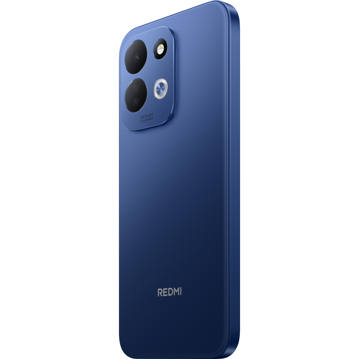 De achterkant van een blauwe Redmi-smartphone met een vierkante dubbele camera en het Redmi-logo op een zwarte achtergrond.