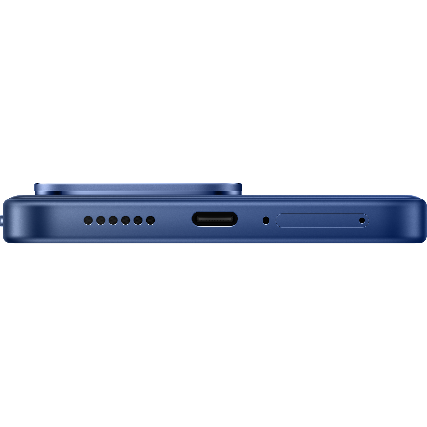 De onderkant van een blauwe smartphone met luidsprekerrooster, USB-C-poort en simla.