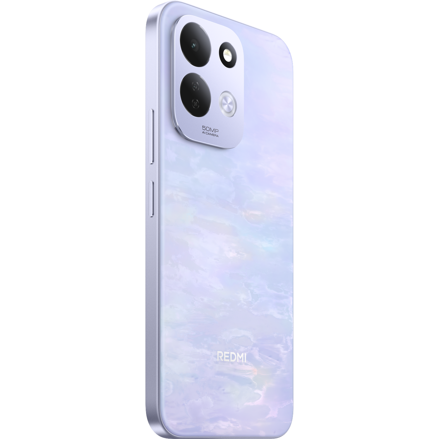 Back view of a light purple Redmi smartphone featuring a triple camera system and a shimmering marble finish.