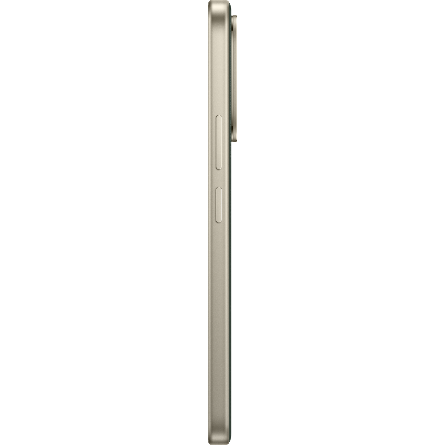 Profil latéral d'un smartphone doré avec boutons de volume et module de caméra sur fond noir.