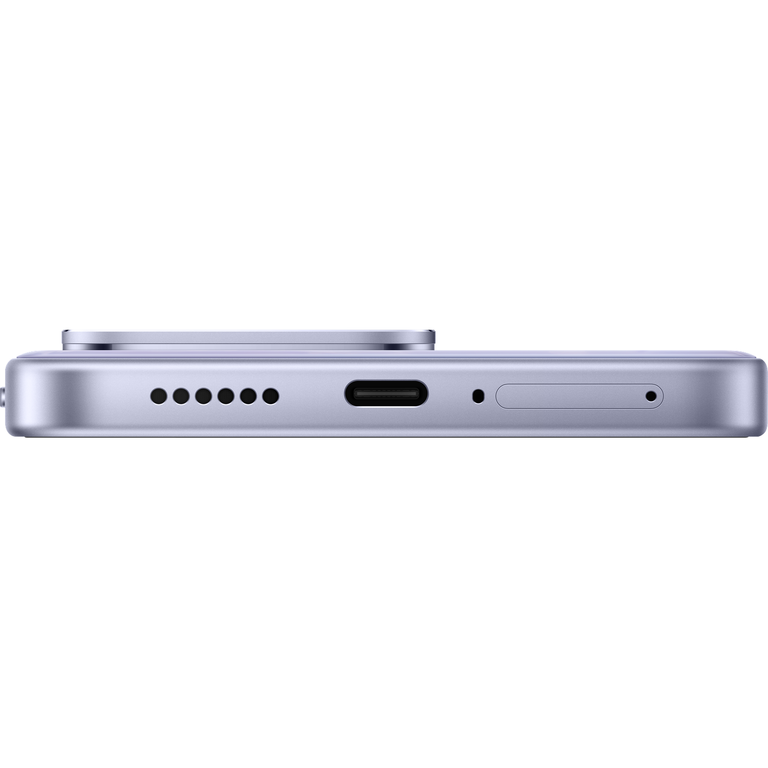 Bottom view of a light purple smartphone showing speaker grille, USB-C port, microphone hole, and SIM card tray.
