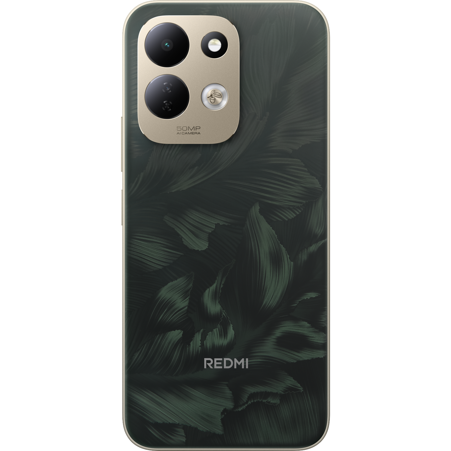 Dos d'un smartphone Redmi avec motif de feuilles vert foncé et module de caméra doré.