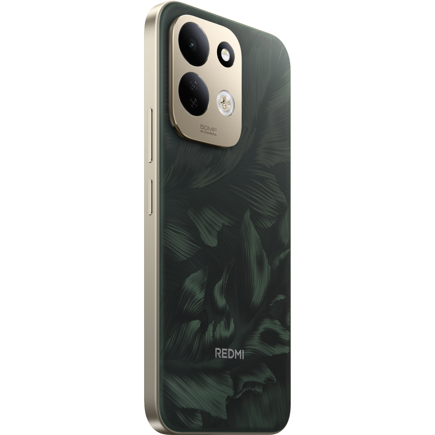 Dos d'un smartphone Redmi vert avec un module photo doré et un motif de feuilles.