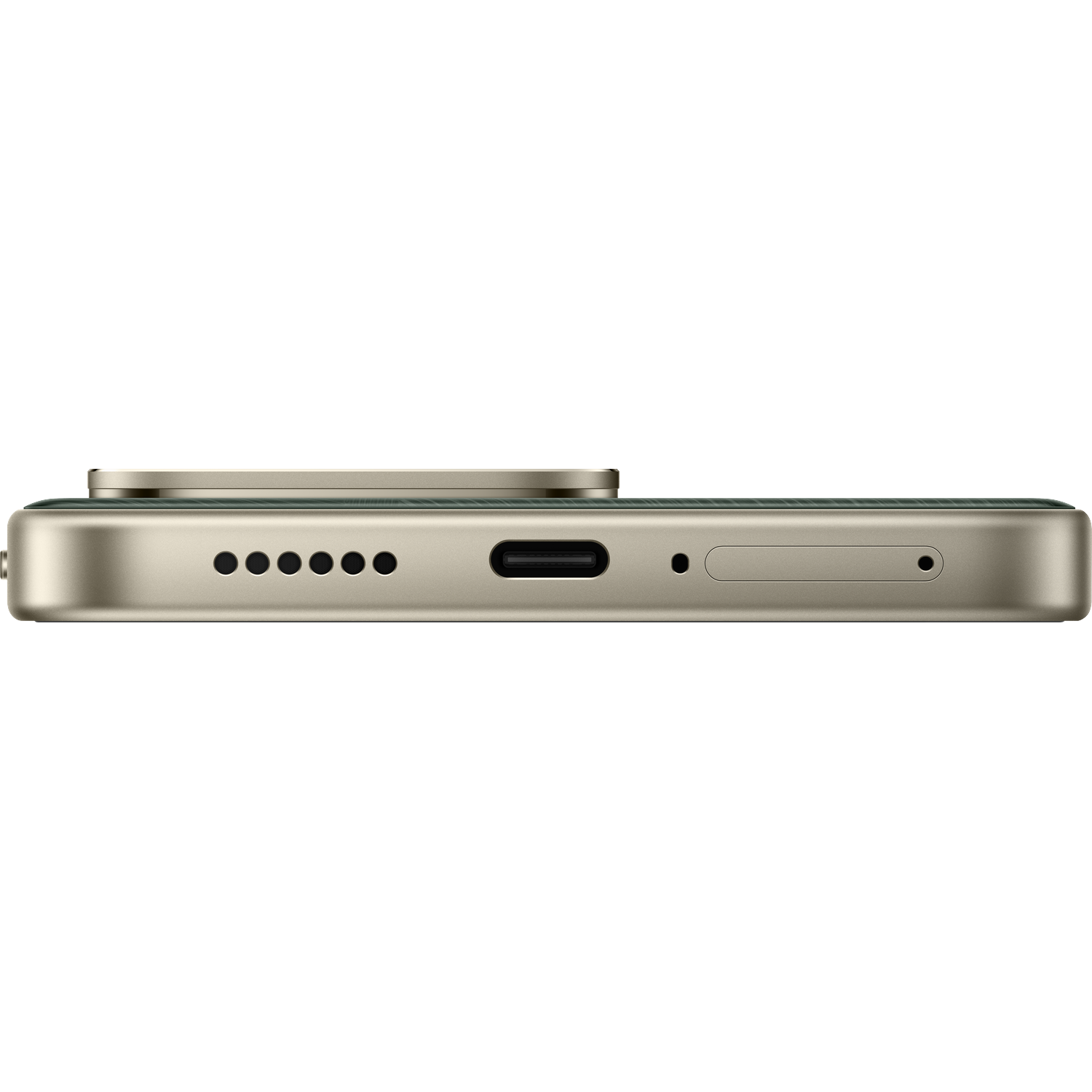 Vue inférieure d'un smartphone avec port USB-C, grille de haut-parleur et tiroir SIM.