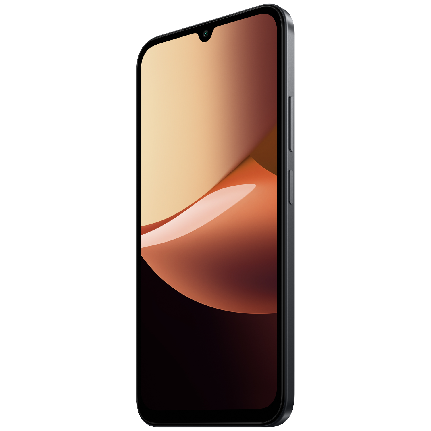 A black smartphone with rounded corners, a small notch, and an orange abstract wallpaper displayed.