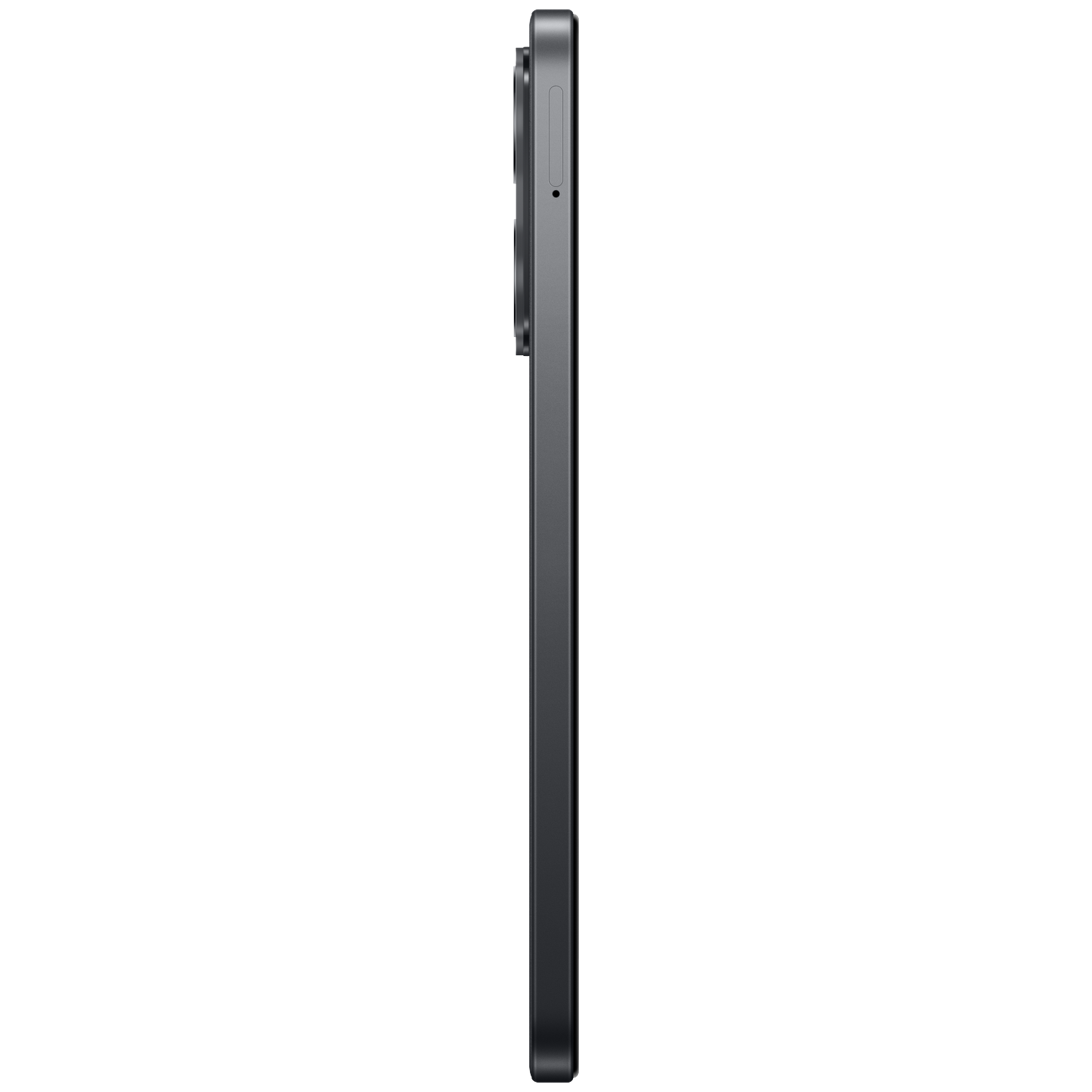 Side profile of a dark smartphone with a camera module at the top left on a black background.