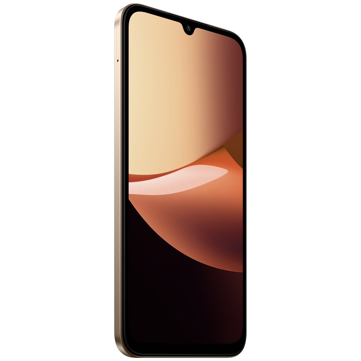 A smartphone with a gold frame displays an abstract brown and yellow screen against a black background.