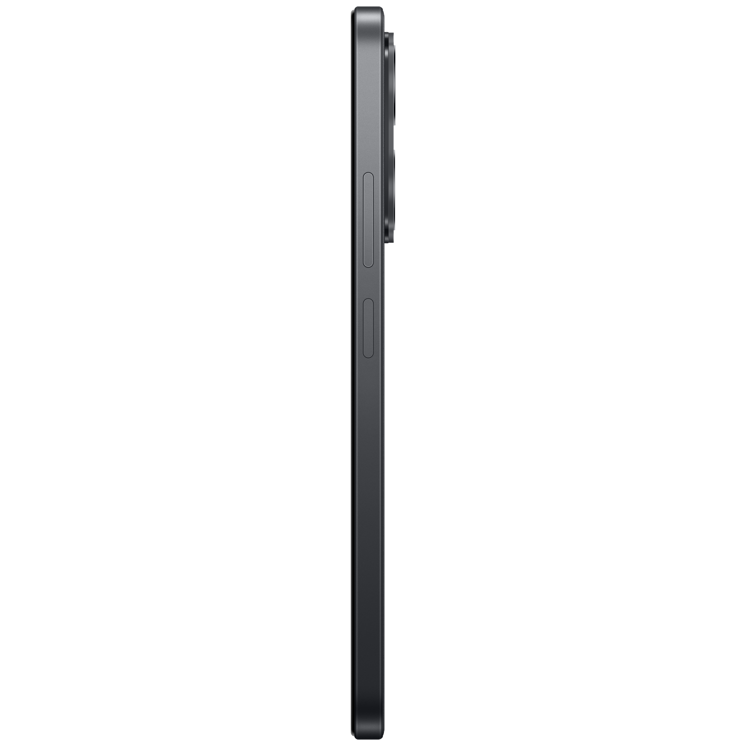 A side view of a dark grey smartphone, showing volume and power buttons, against a solid black background.