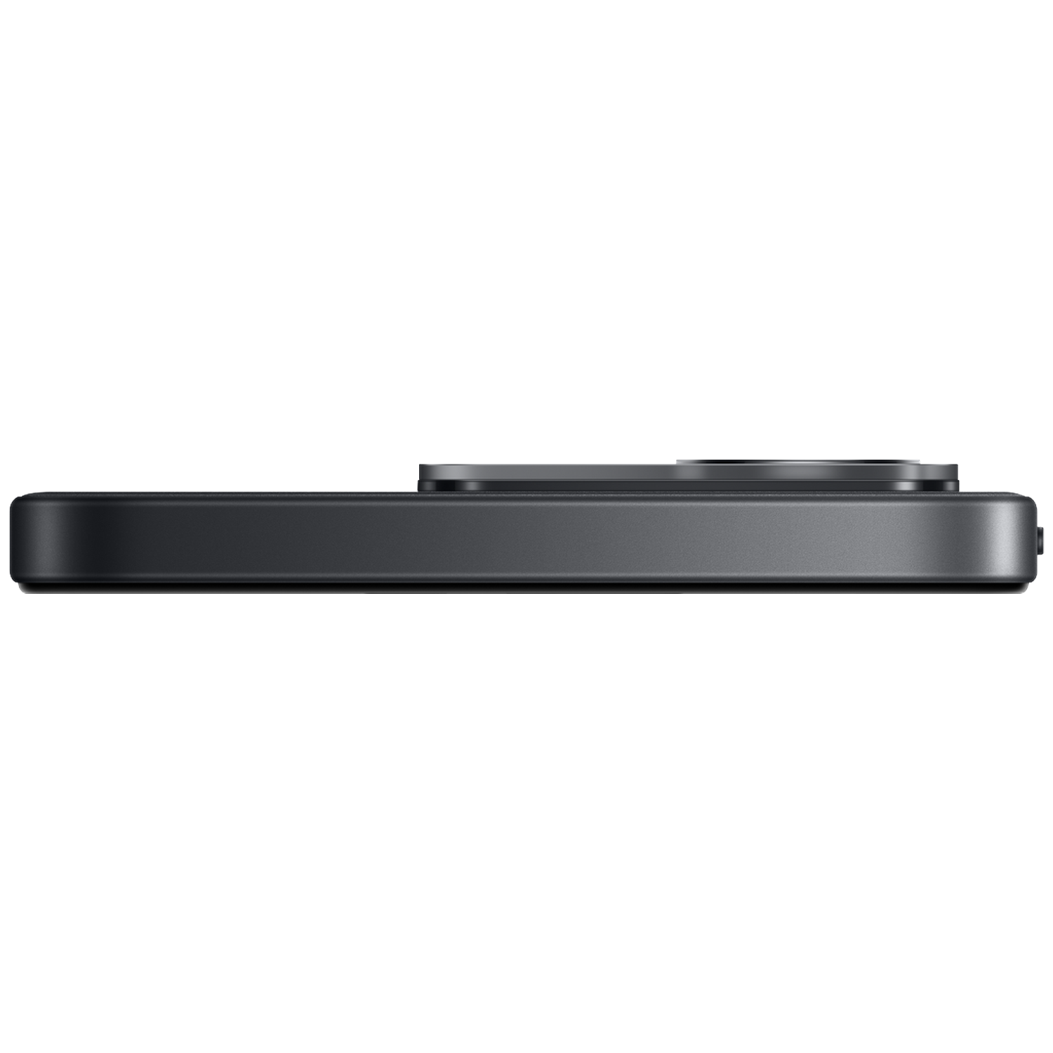 A close-up of the sleek, dark grey side profile of a smartphone, highlighting its camera module against a black background.