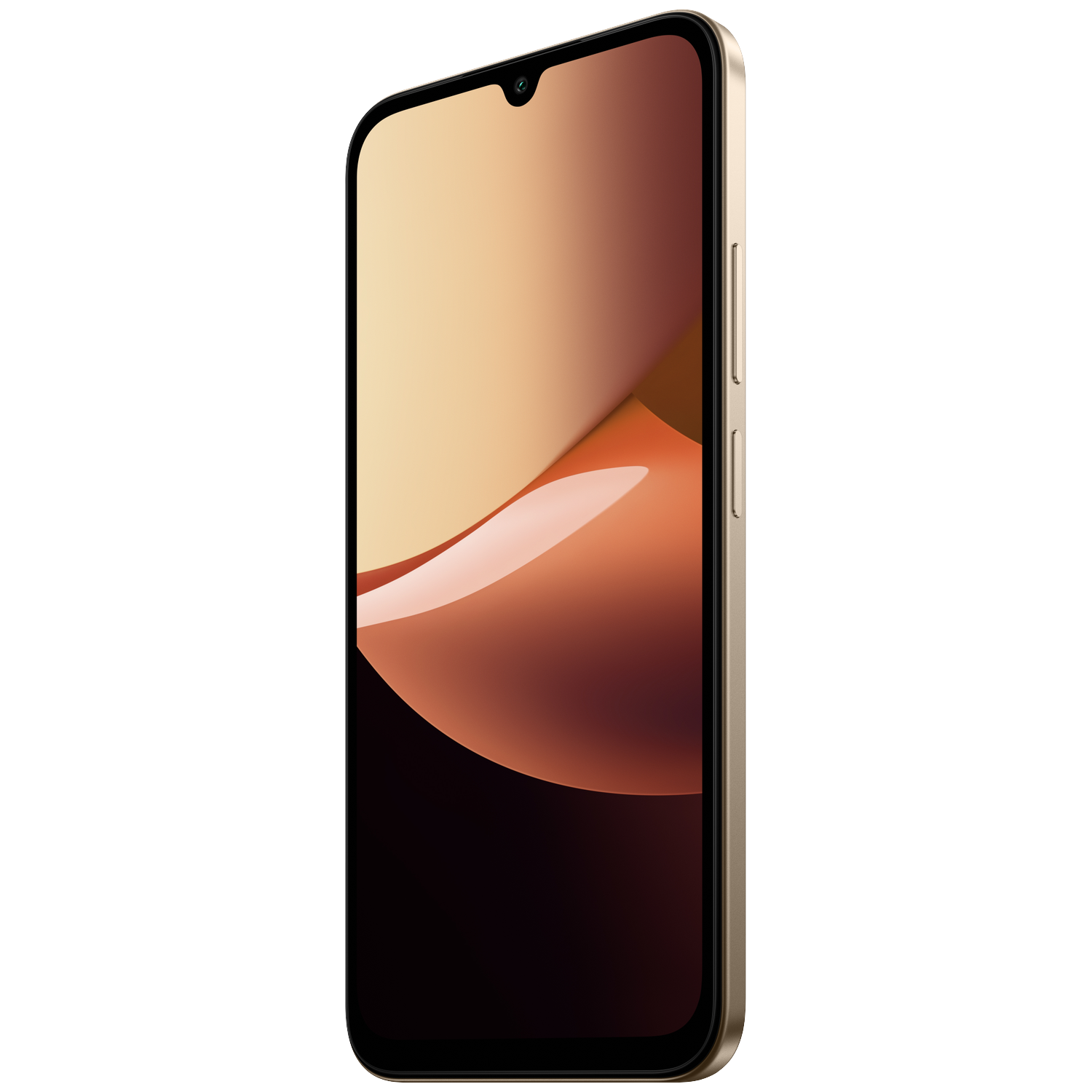 A gold smartphone with a V-notch and an abstract orange wallpaper on the screen.