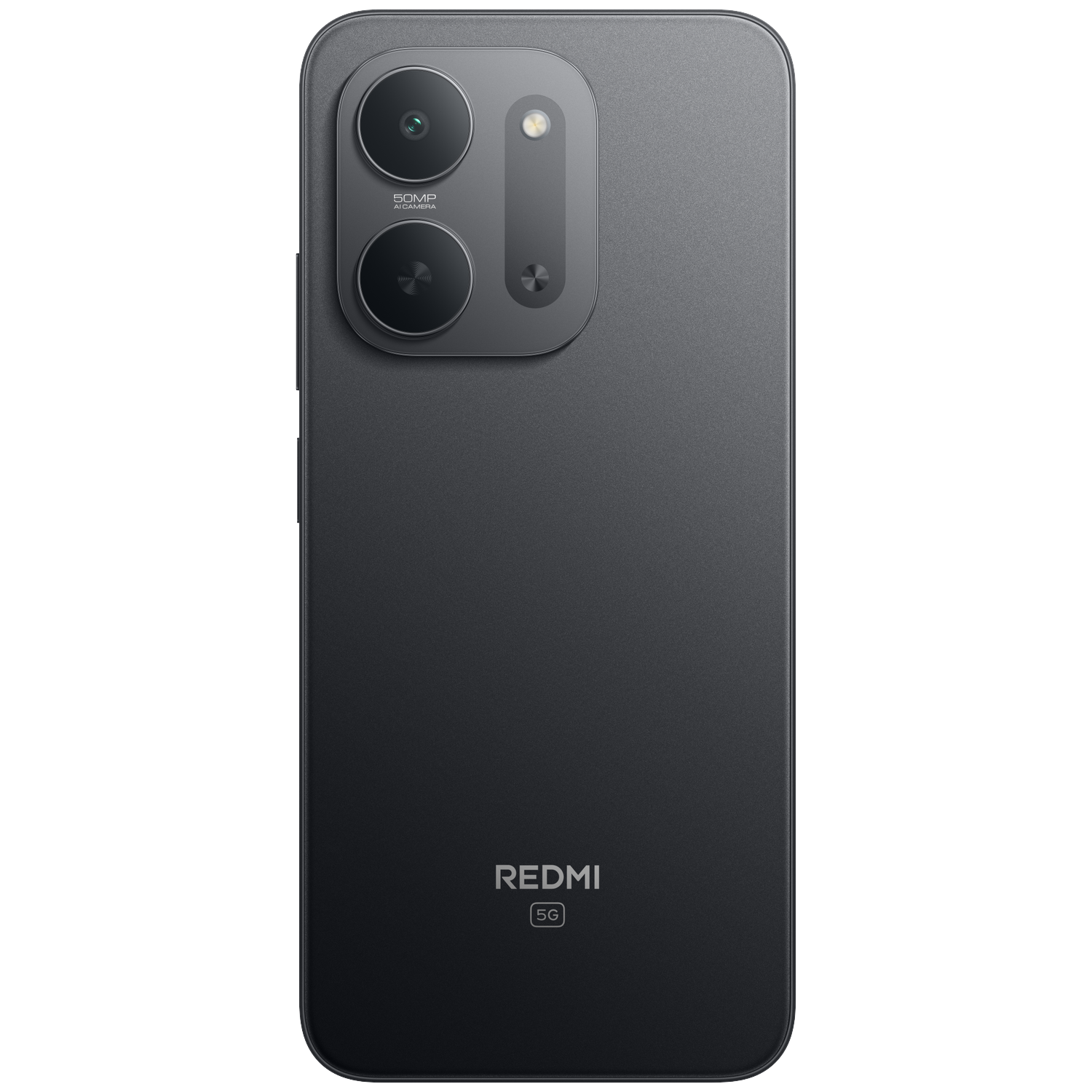 Back of a gray Redmi 5G smartphone with dual camera and logo.