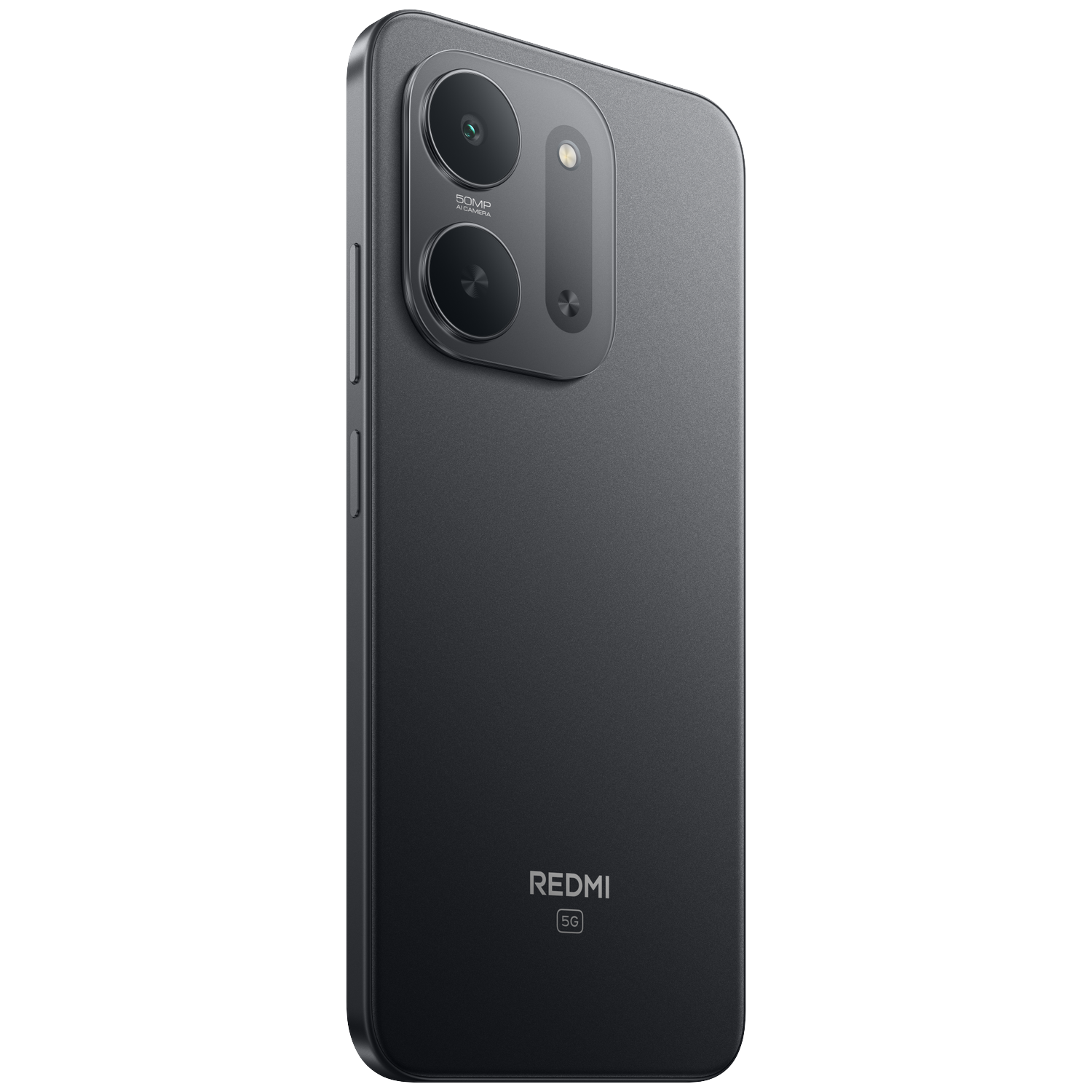 Back of a gray Redmi 5G smartphone with dual camera and Redmi logo.