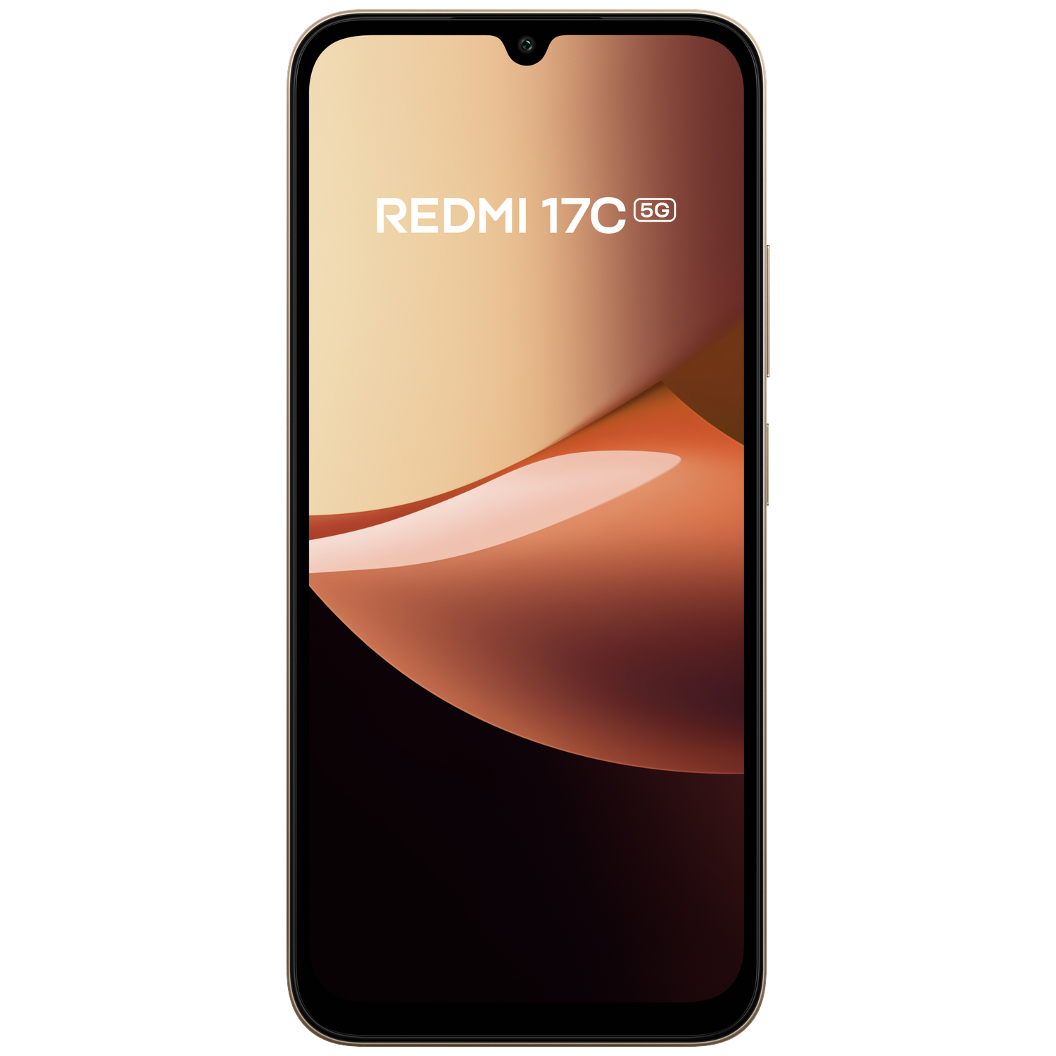 Front view of a smartphone with a gold-colored body displaying REDMI 17C 5G on its screen against a dark background.