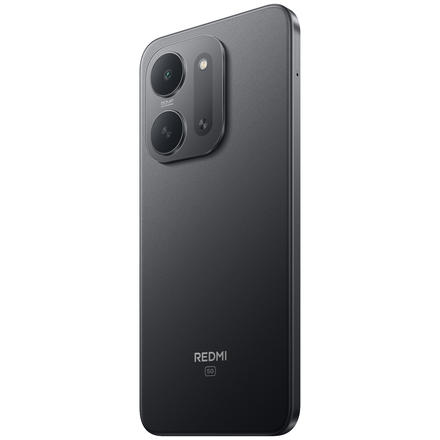 Back of a dark Redmi 5G smartphone with a dual camera module.