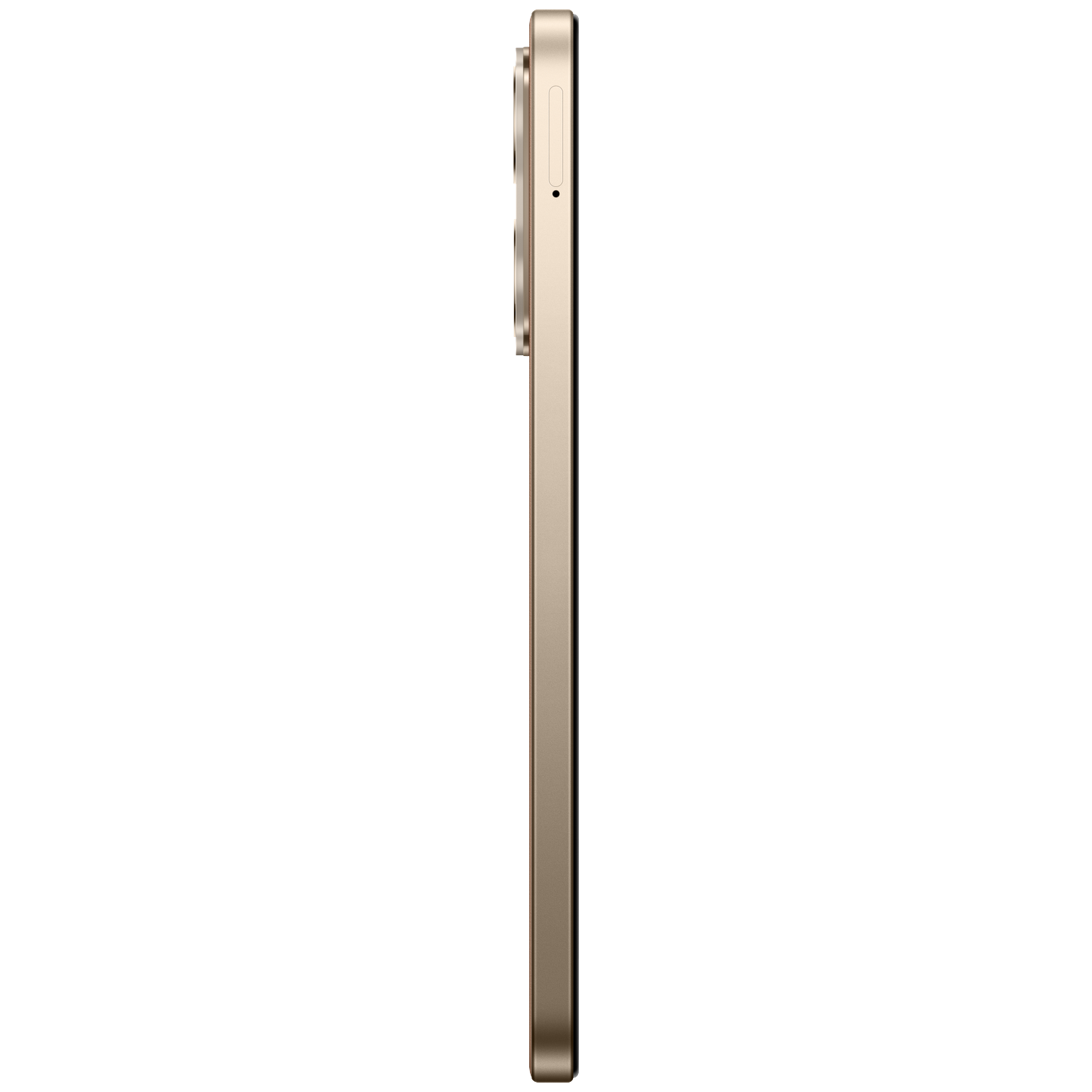 Side view of a gold smartphone with camera bump against a black background.