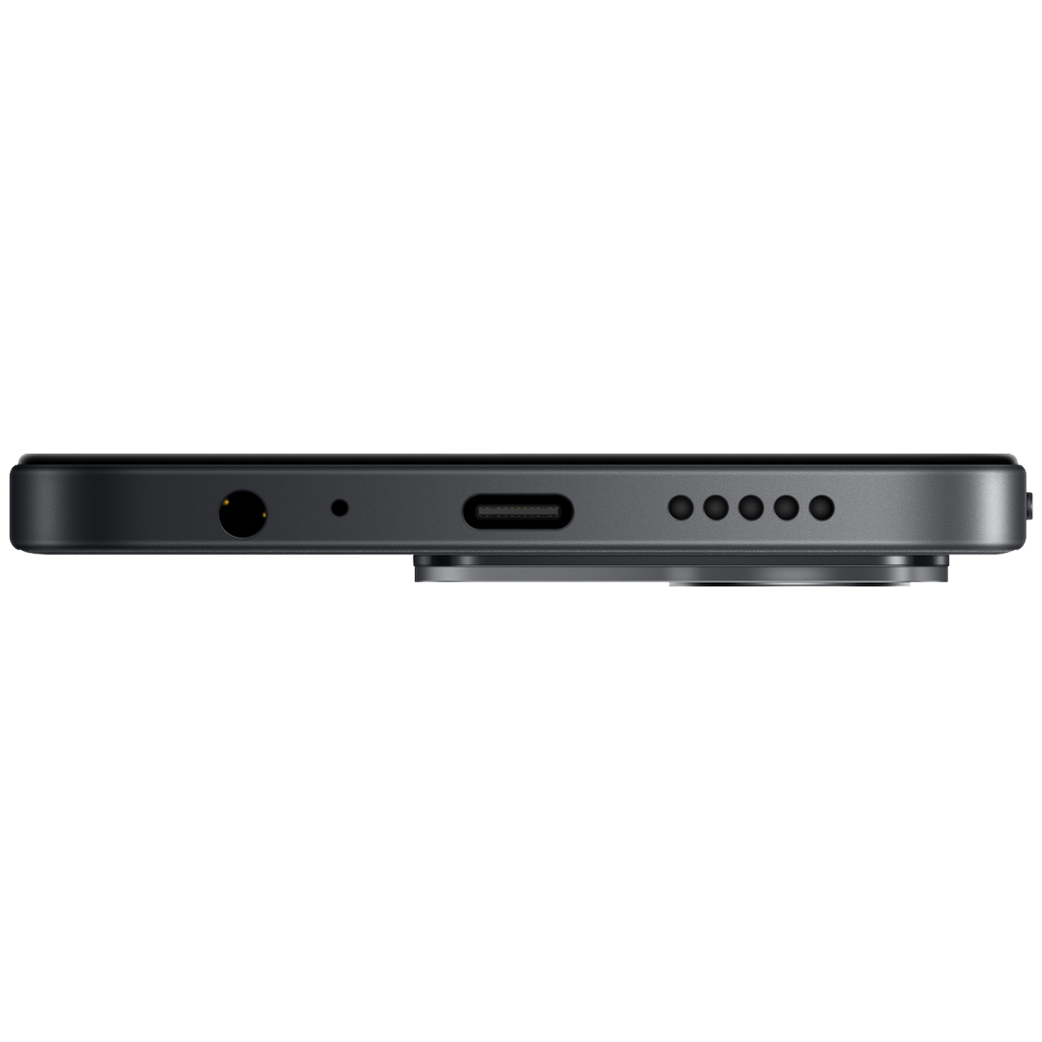 Bottom view of a black smartphone showing a headphone jack, USB-C port, and speaker grilles.
