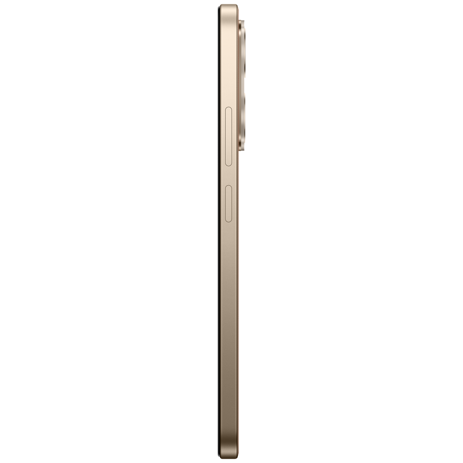 Side view of a gold smartphone with a flat frame, physical buttons, and camera module against a black background.