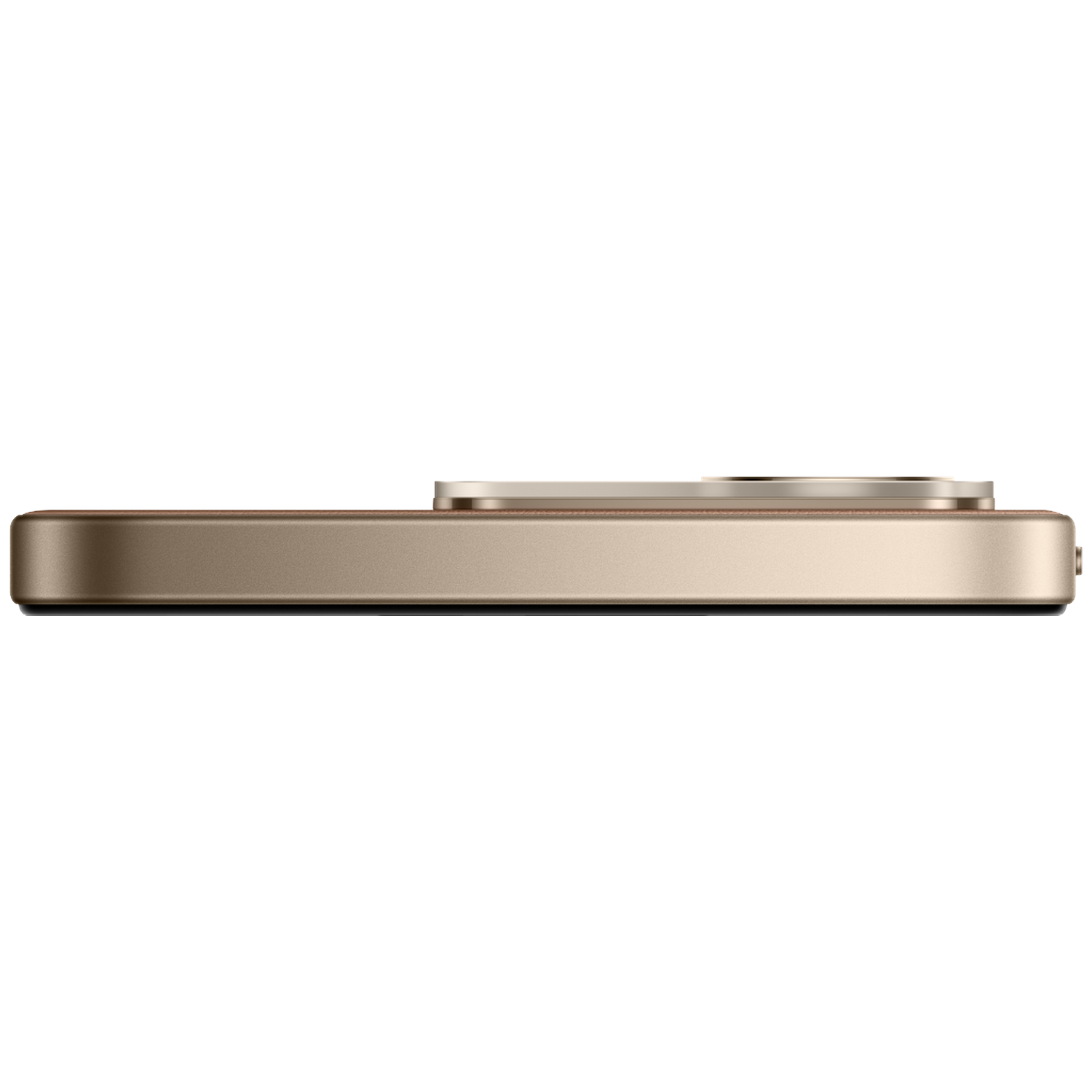 Side view of a gold smartphone with a protruding camera module on a black background.