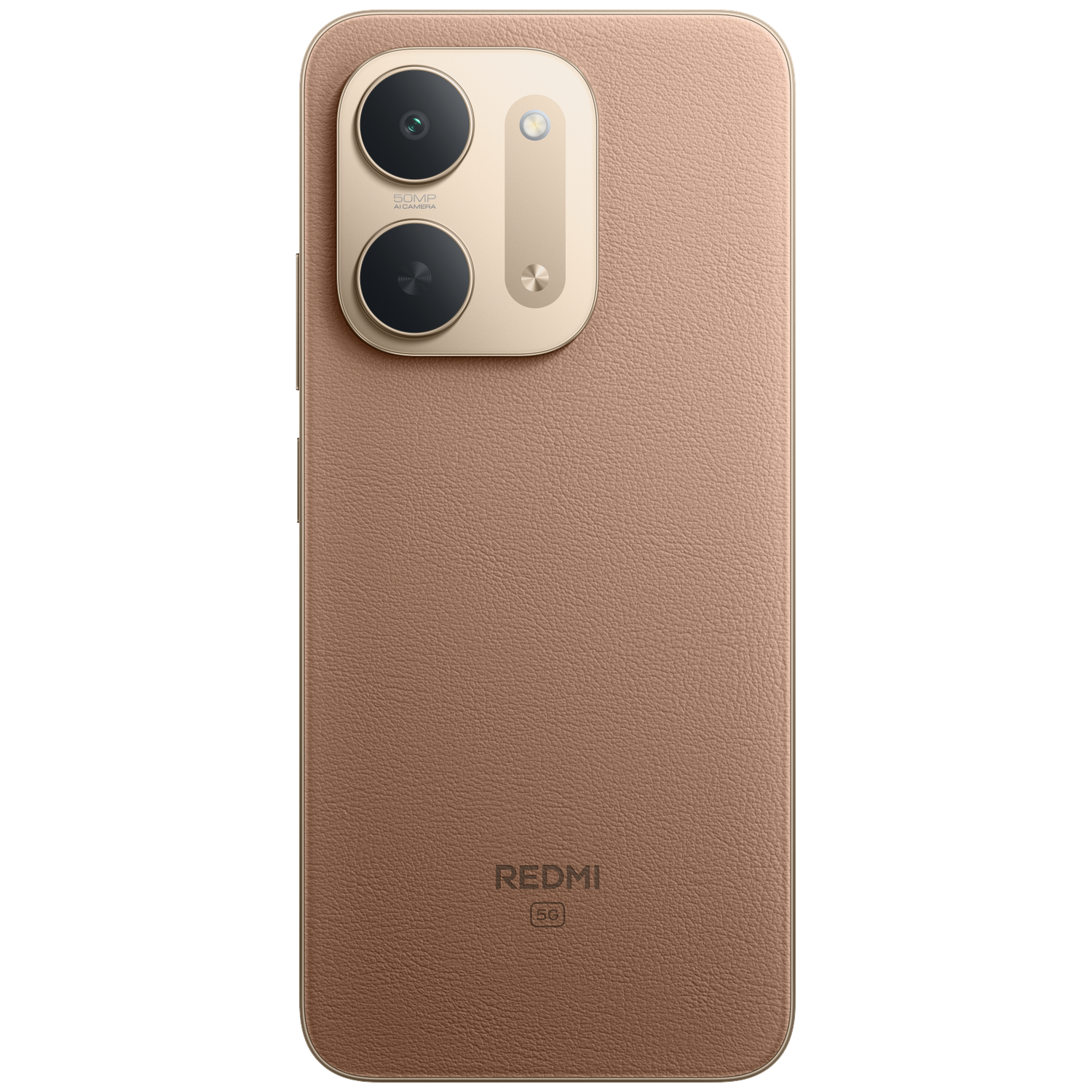 Back of a brown Redmi 5G smartphone with dual camera and textured casing on a black background.