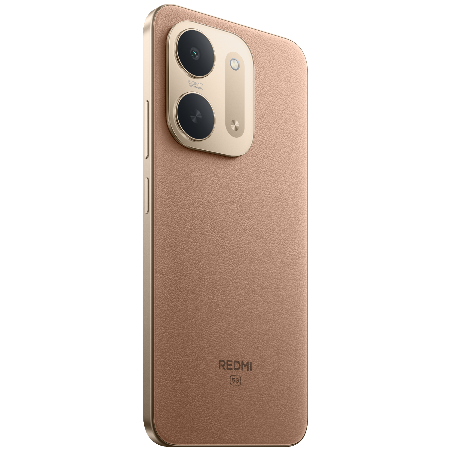Gold Redmi smartphone back with textured finish, dual camera module, and Redmi 5G logo against a black background.