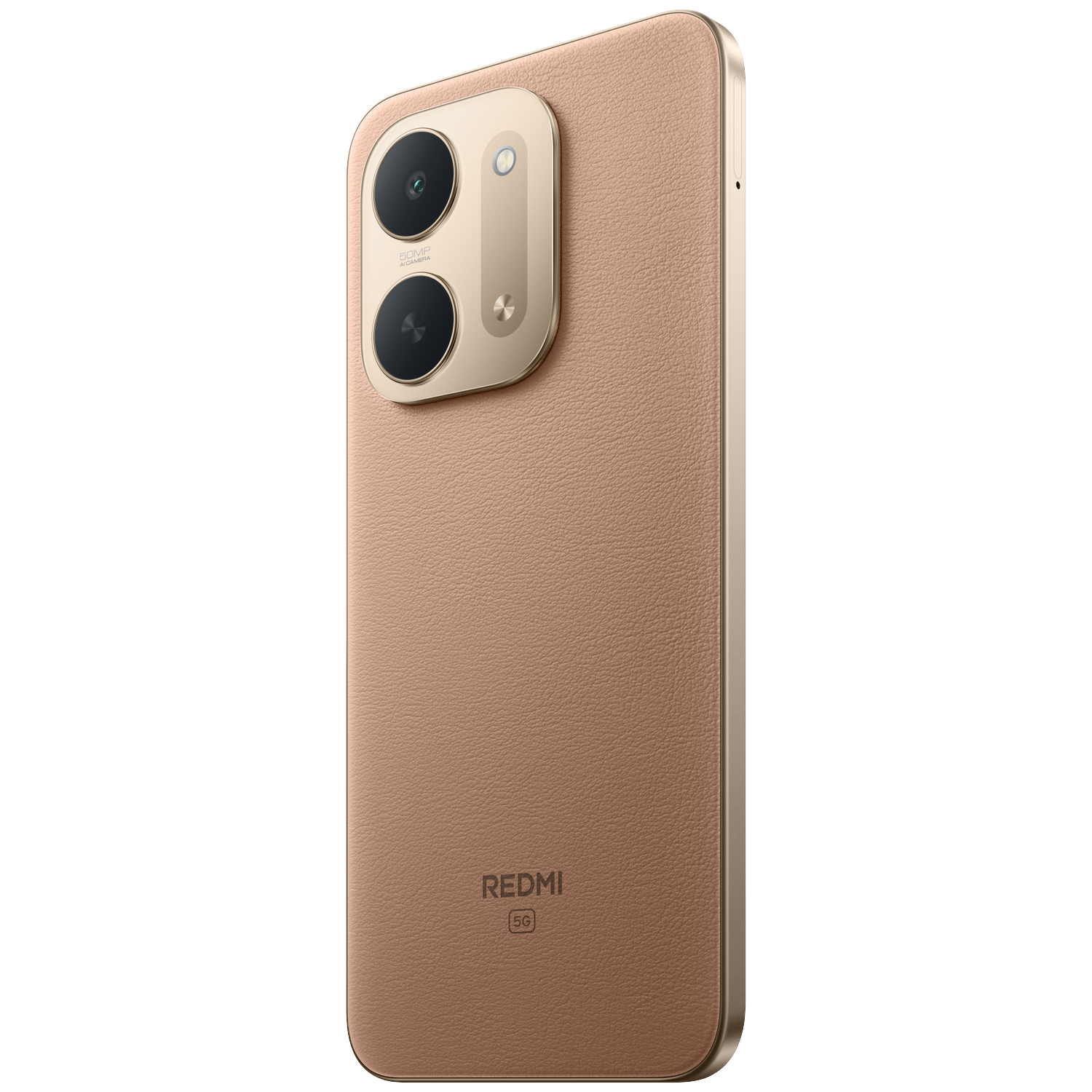 Back of a beige Redmi 5G smartphone featuring a dual camera module.