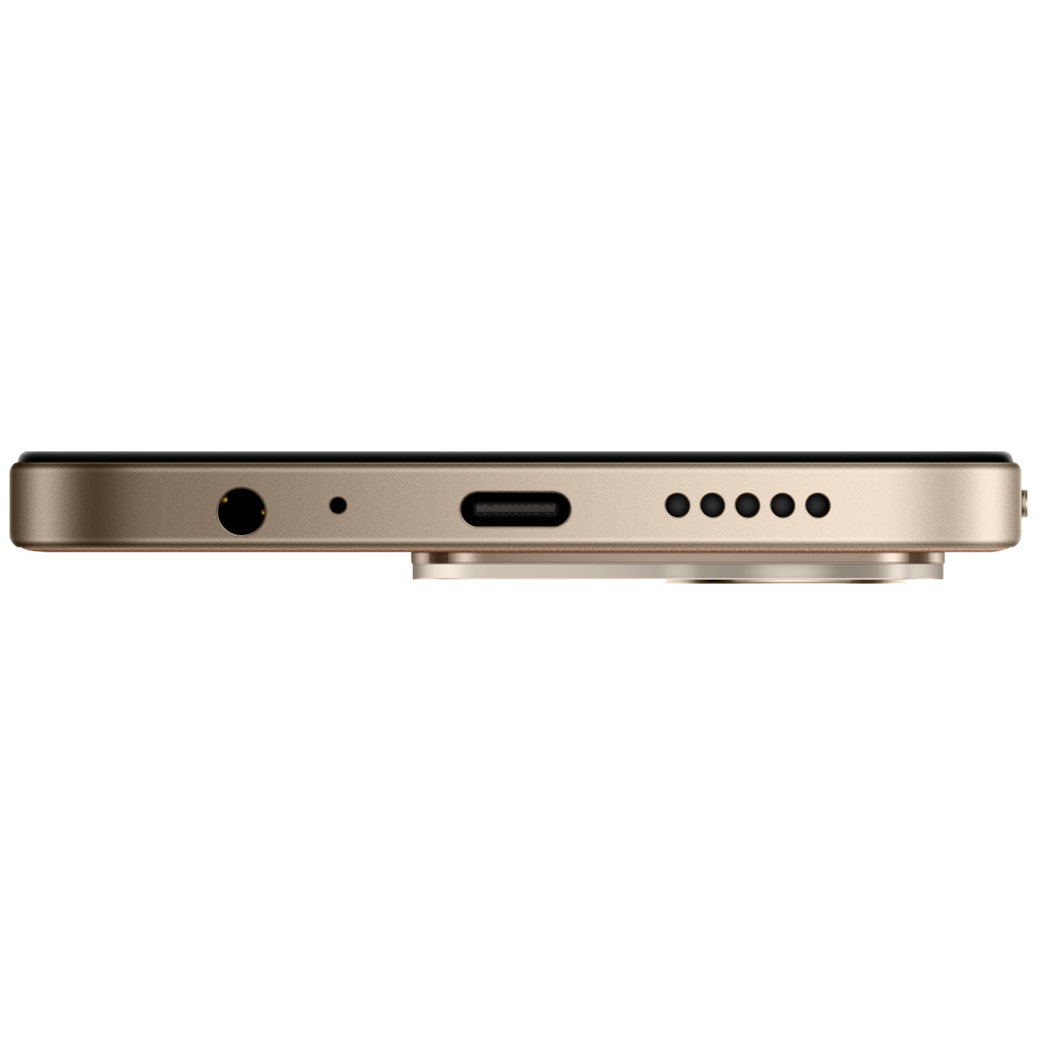 Bottom of a gold smartphone featuring a headphone jack, microphone, USB-C port, and speaker on a black background.