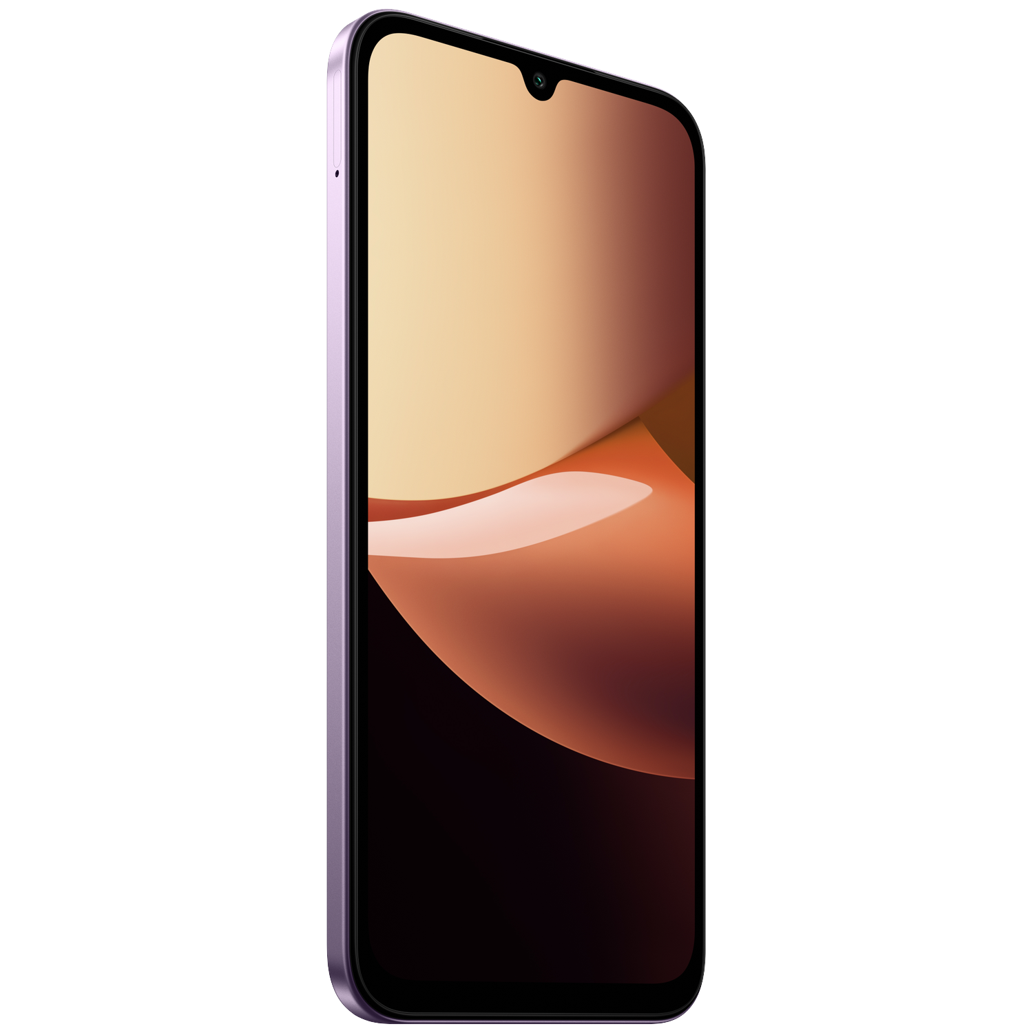 A purple smartphone with a curved golden and brown graphic on screen against a black background.